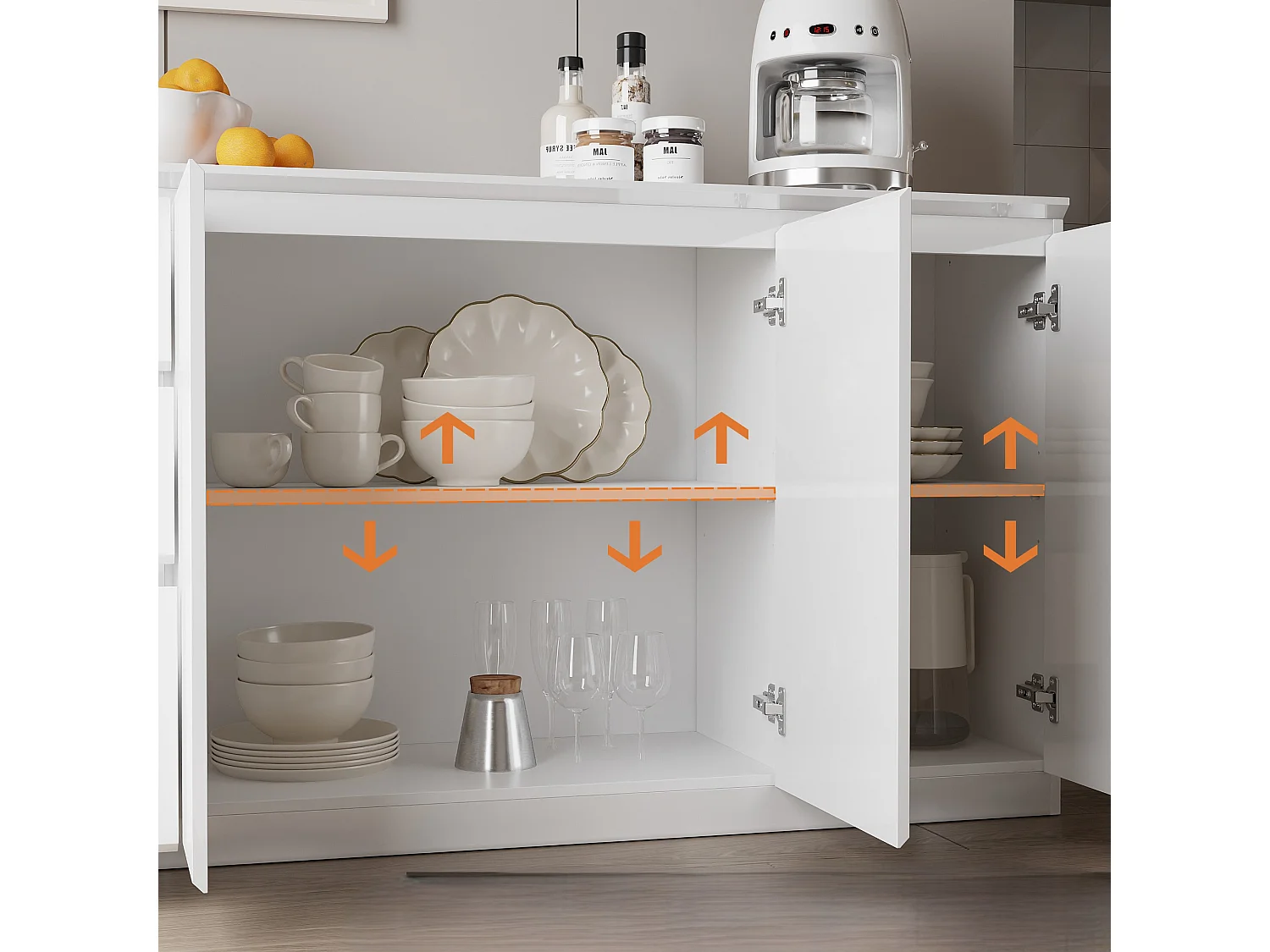 Grand Buffet de Salon avec 3 Portes et 3 Tiroirs, Rangement de Chambre sans Poignée, 155 x 40 x 83, Blanc Brillant