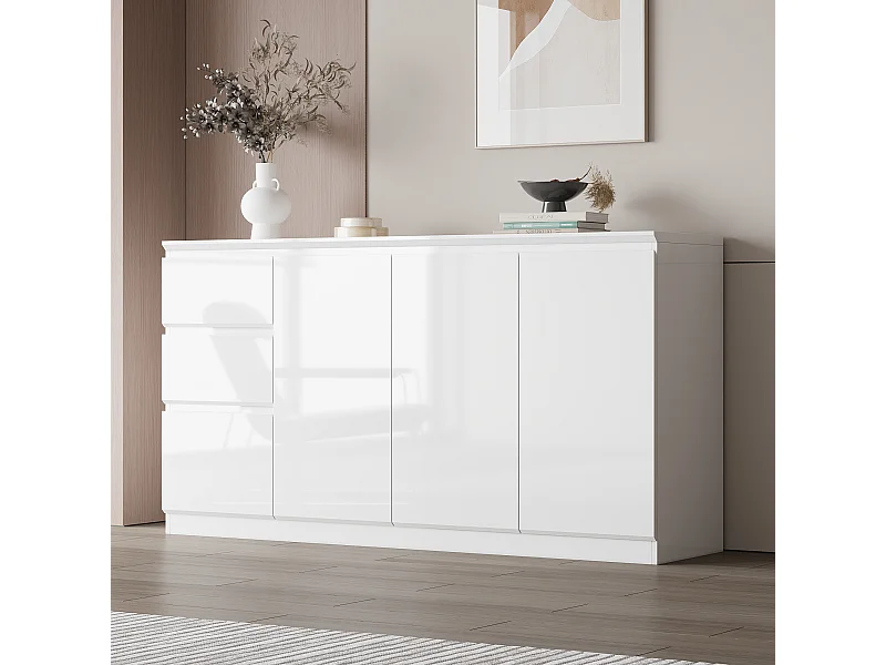 Grand Buffet de Salon avec 3 Portes et 3 Tiroirs, Rangement de Chambre sans Poignée, 155 x 40 x 83, Blanc Brillant