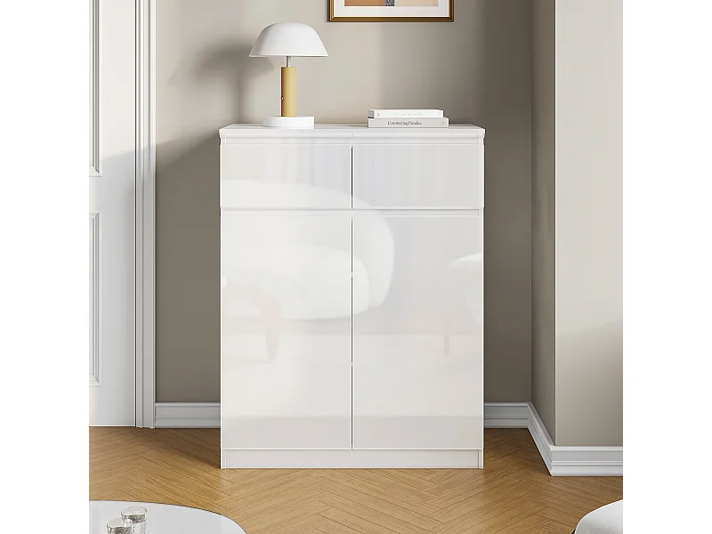 Buffet de Salon avec 2 Portes et 2 Tiroirs, Petit Rangement de Chambre sans Poignée, 80 x 40 x 103, Blanc Brillant