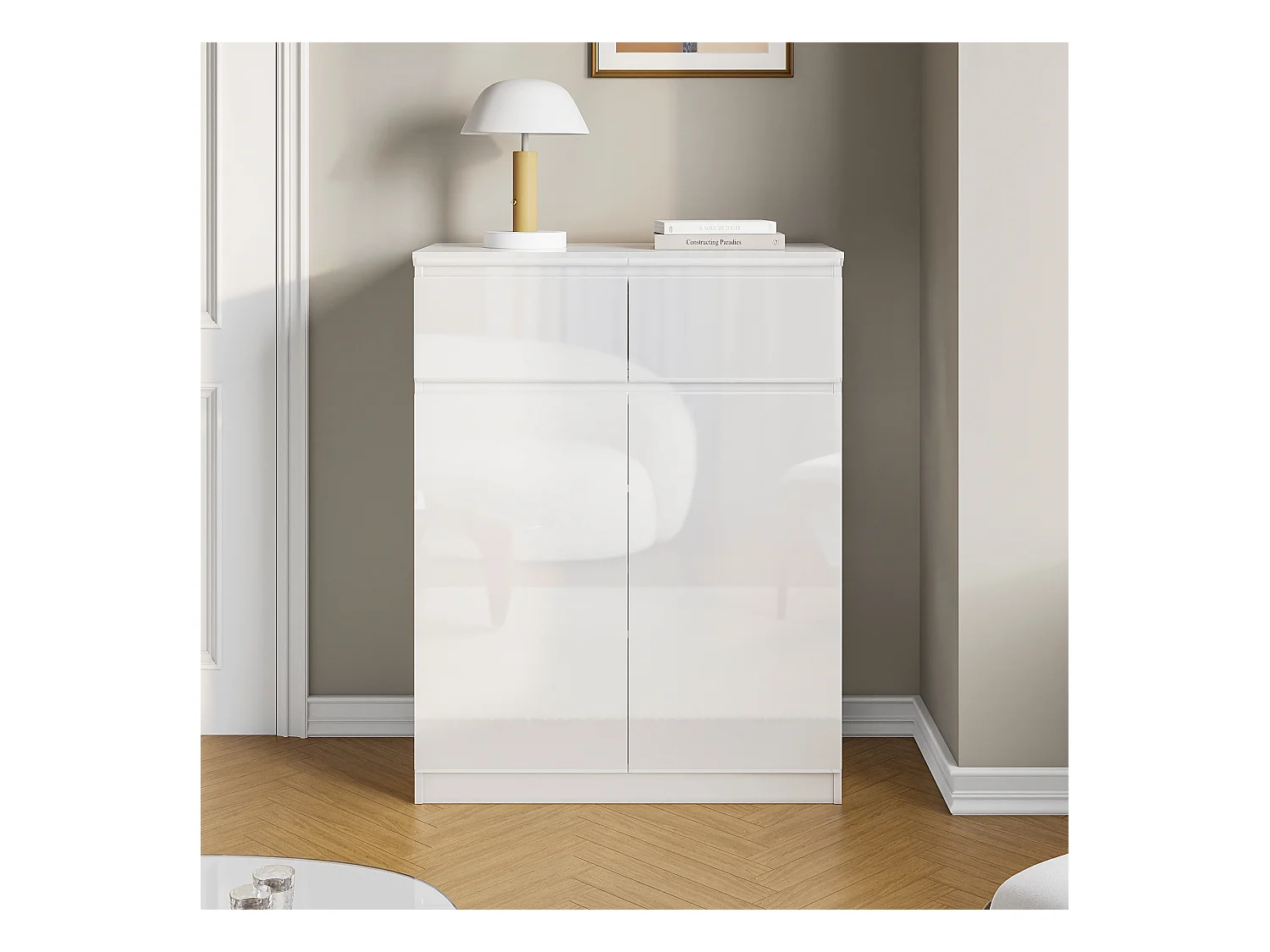 Buffet de Salon avec 2 Portes et 2 Tiroirs, Petit Rangement de Chambre sans Poignée, 80 x 40 x 103, Blanc Brillant