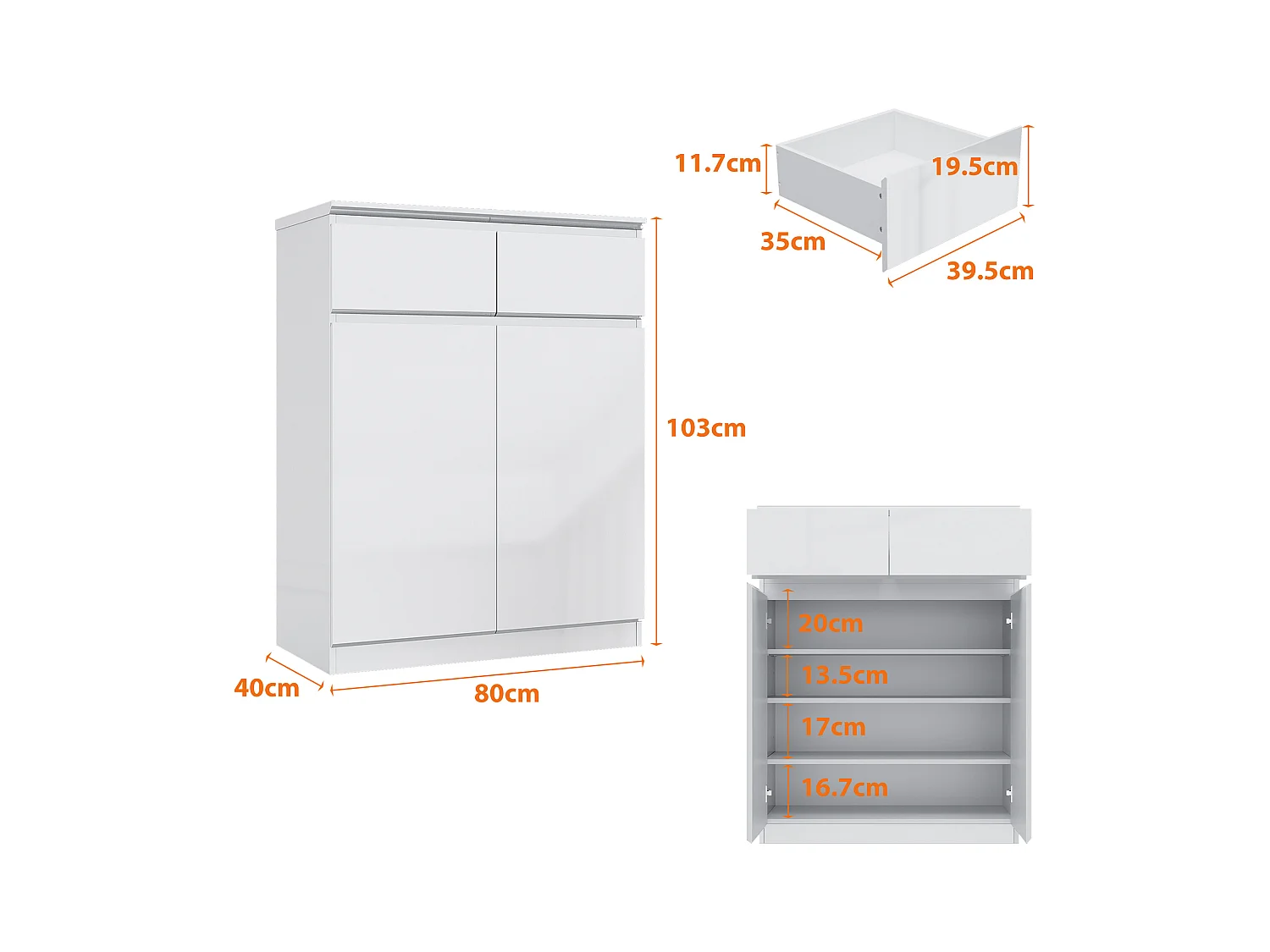 Buffet de Salon avec 2 Portes et 2 Tiroirs, Petit Rangement de Chambre sans Poignée, 80 x 40 x 103, Blanc Brillant