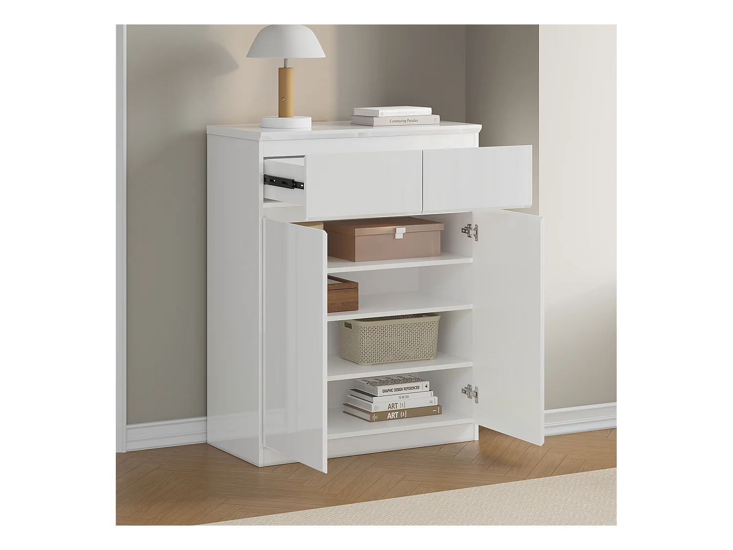 Buffet de Salon avec 2 Portes et 2 Tiroirs, Petit Rangement de Chambre sans Poignée, 80 x 40 x 103, Blanc Brillant