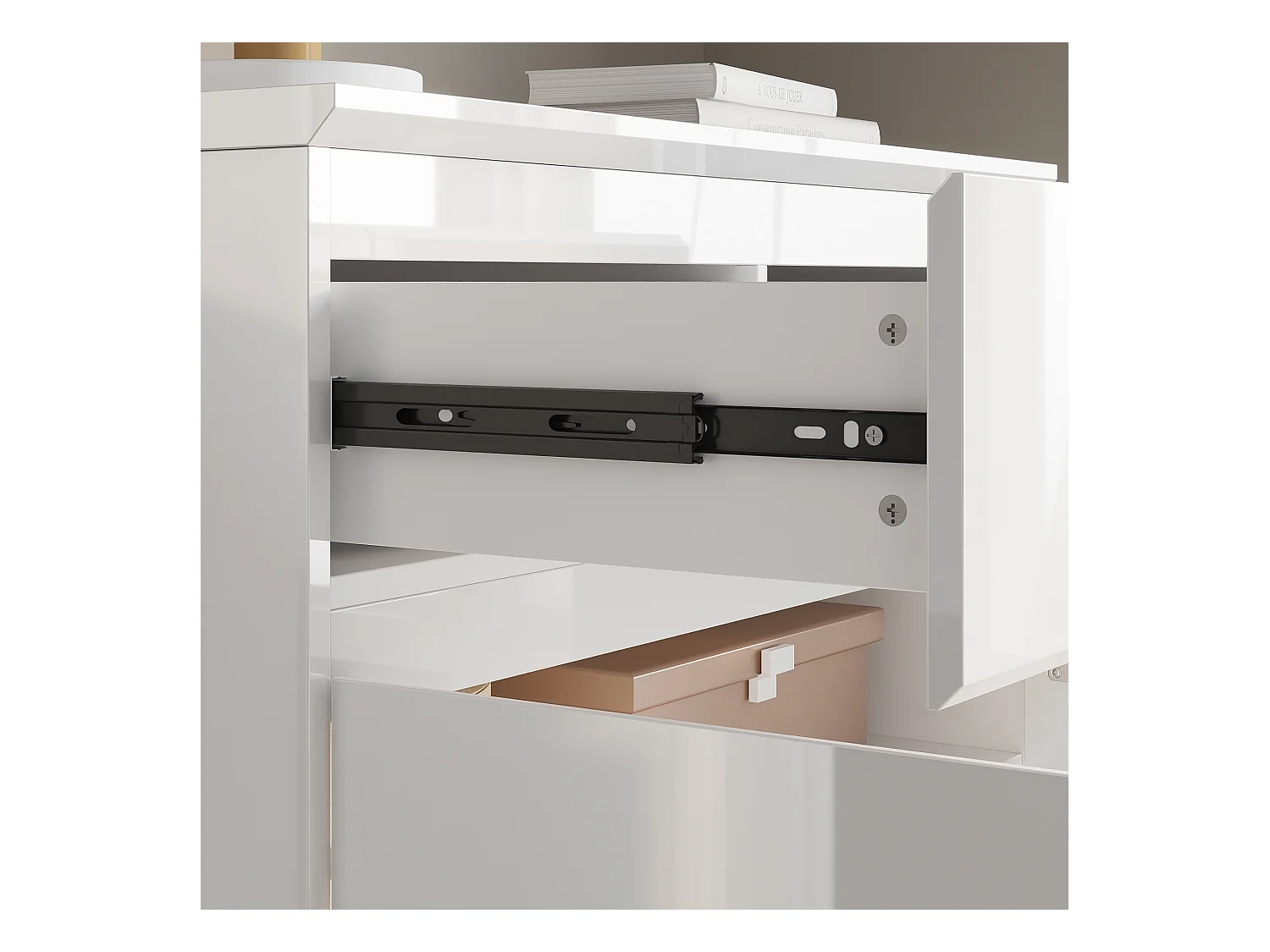 Buffet de Salon avec 2 Portes et 2 Tiroirs, Petit Rangement de Chambre sans Poignée, 80 x 40 x 103, Blanc Brillant