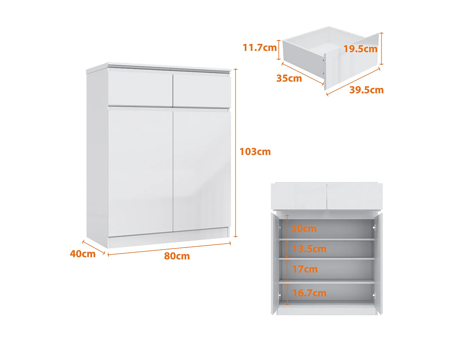 Buffet de Salon avec 2 Portes et 2 Tiroirs, Petit Rangement de Chambre sans Poignée, 80 x 40 x 103, Blanc Brillant