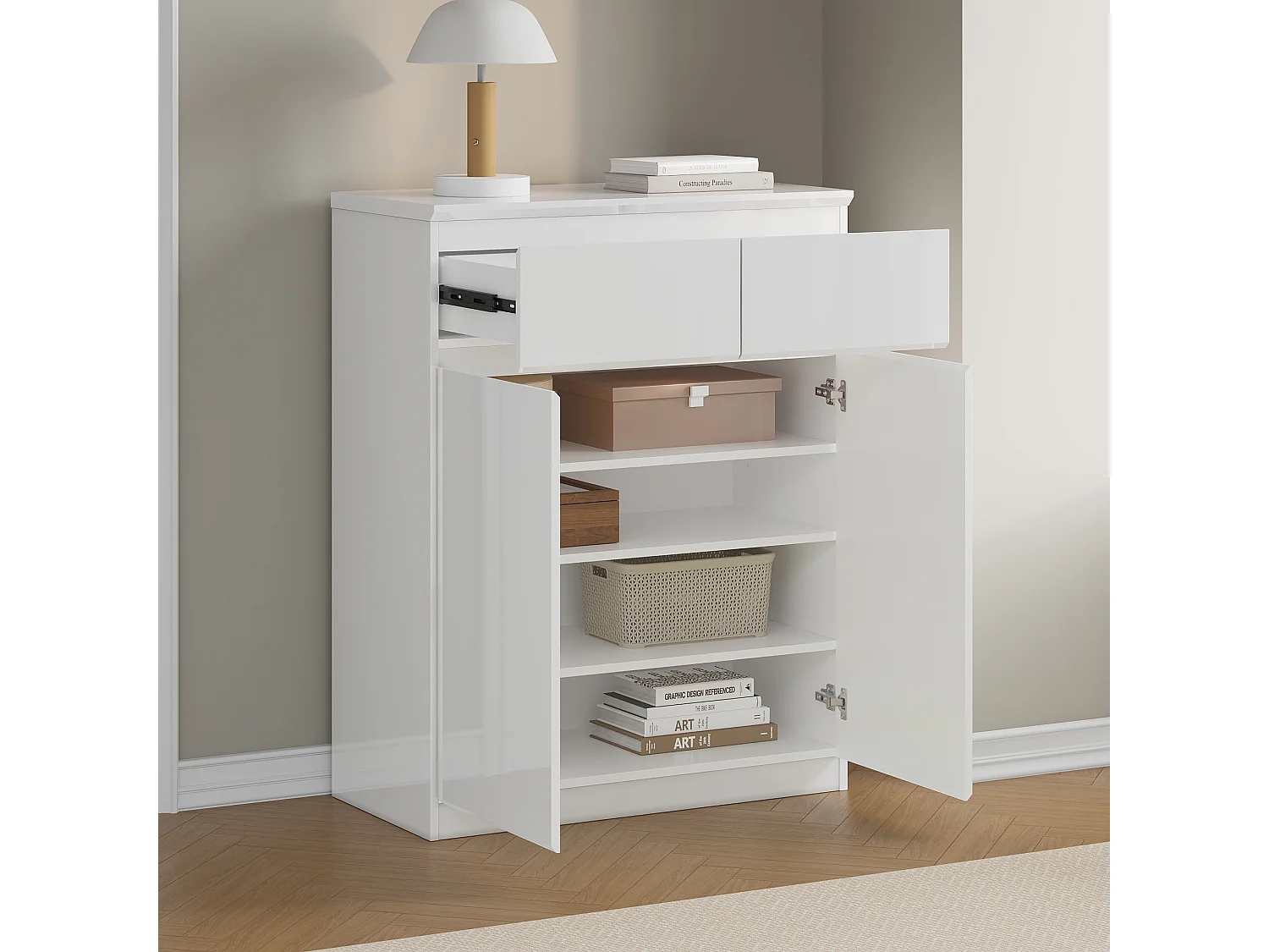 Buffet de Salon avec 2 Portes et 2 Tiroirs, Petit Rangement de Chambre sans Poignée, 80 x 40 x 103, Blanc Brillant