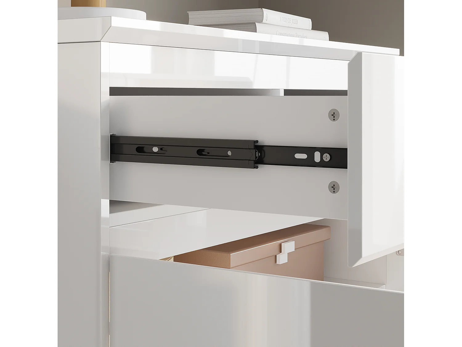 Buffet de Salon avec 2 Portes et 2 Tiroirs, Petit Rangement de Chambre sans Poignée, 80 x 40 x 103, Blanc Brillant