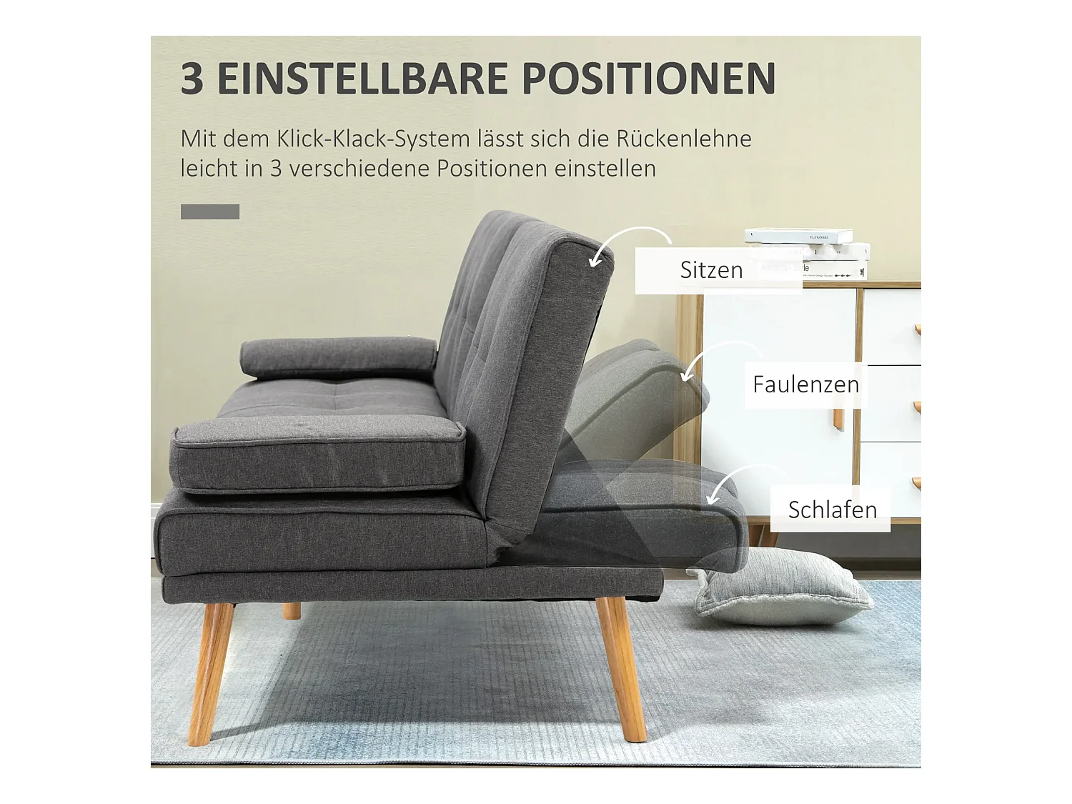 Schlafsofa, 3-Sitzer-Sofa, 2 Kissen,Modernes Wohnzimmer
