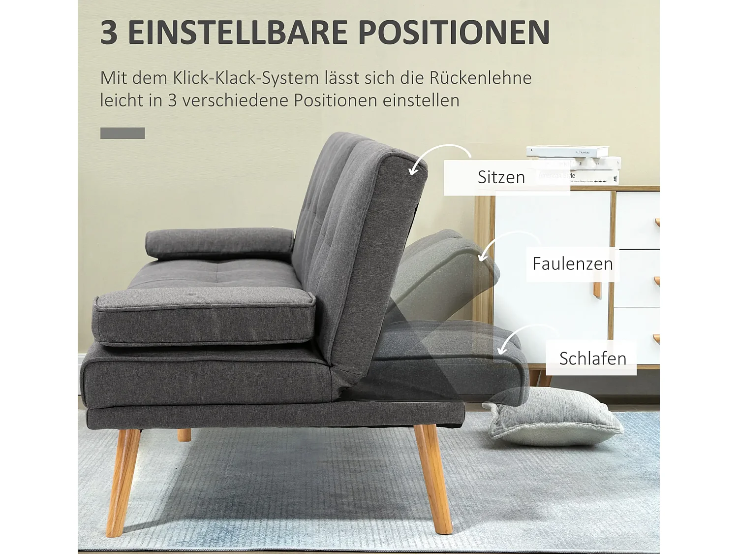 Schlafsofa, 3-Sitzer-Sofa, 2 Kissen,Modernes Wohnzimmer