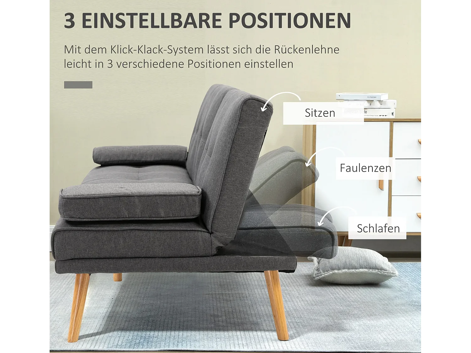 Schlafsofa, 3-Sitzer-Sofa, 2 Kissen,Modernes Wohnzimmer