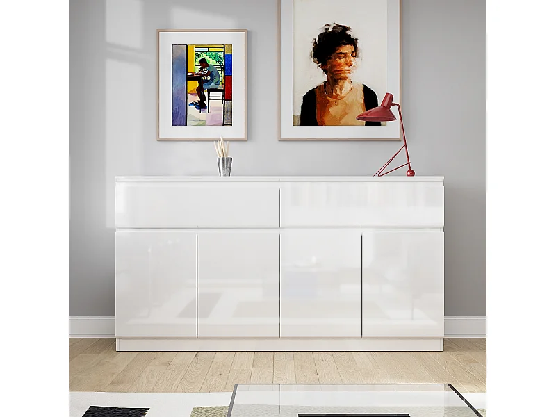 Grand Buffet de Salon avec 4 Portes et 2 Tiroirs, Rangement de Chambre sans Poignée, 155 x 40 x 83, Blanc Brillant