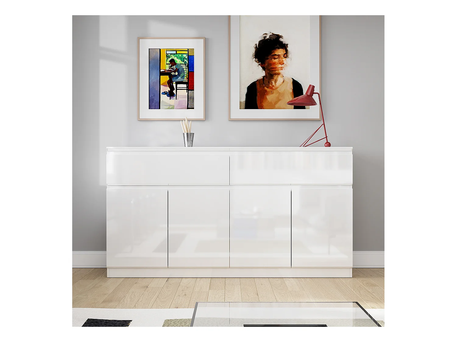 Grand Buffet de Salon avec 4 Portes et 2 Tiroirs, Rangement de Chambre sans Poignée, 155 x 40 x 83, Blanc Brillant