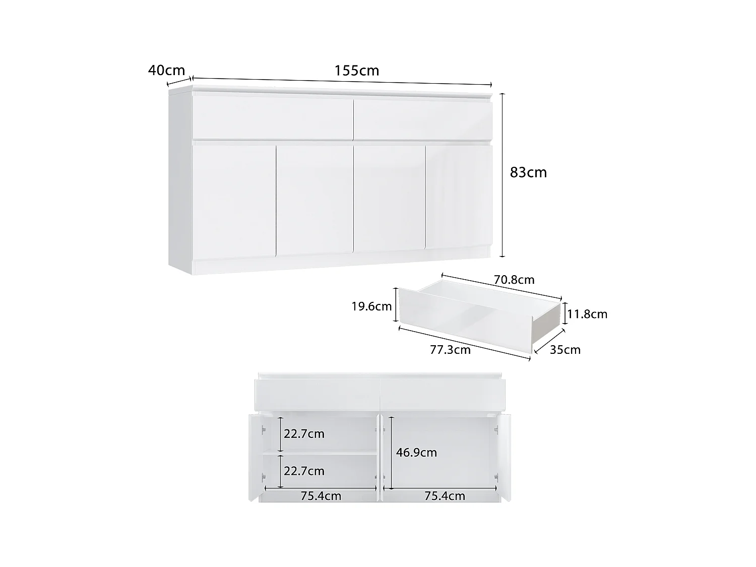 Grand Buffet de Salon avec 4 Portes et 2 Tiroirs, Rangement de Chambre sans Poignée, 155 x 40 x 83, Blanc Brillant