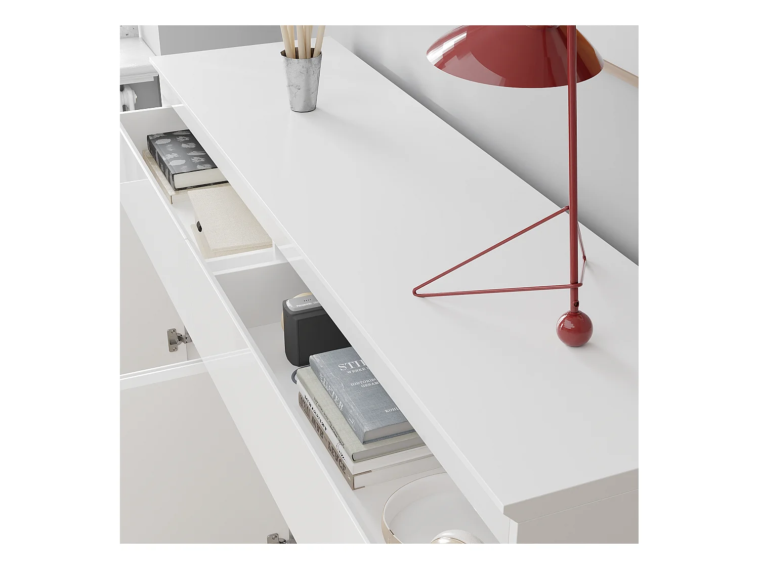 Grand Buffet de Salon avec 4 Portes et 2 Tiroirs, Rangement de Chambre sans Poignée, 155 x 40 x 83, Blanc Brillant