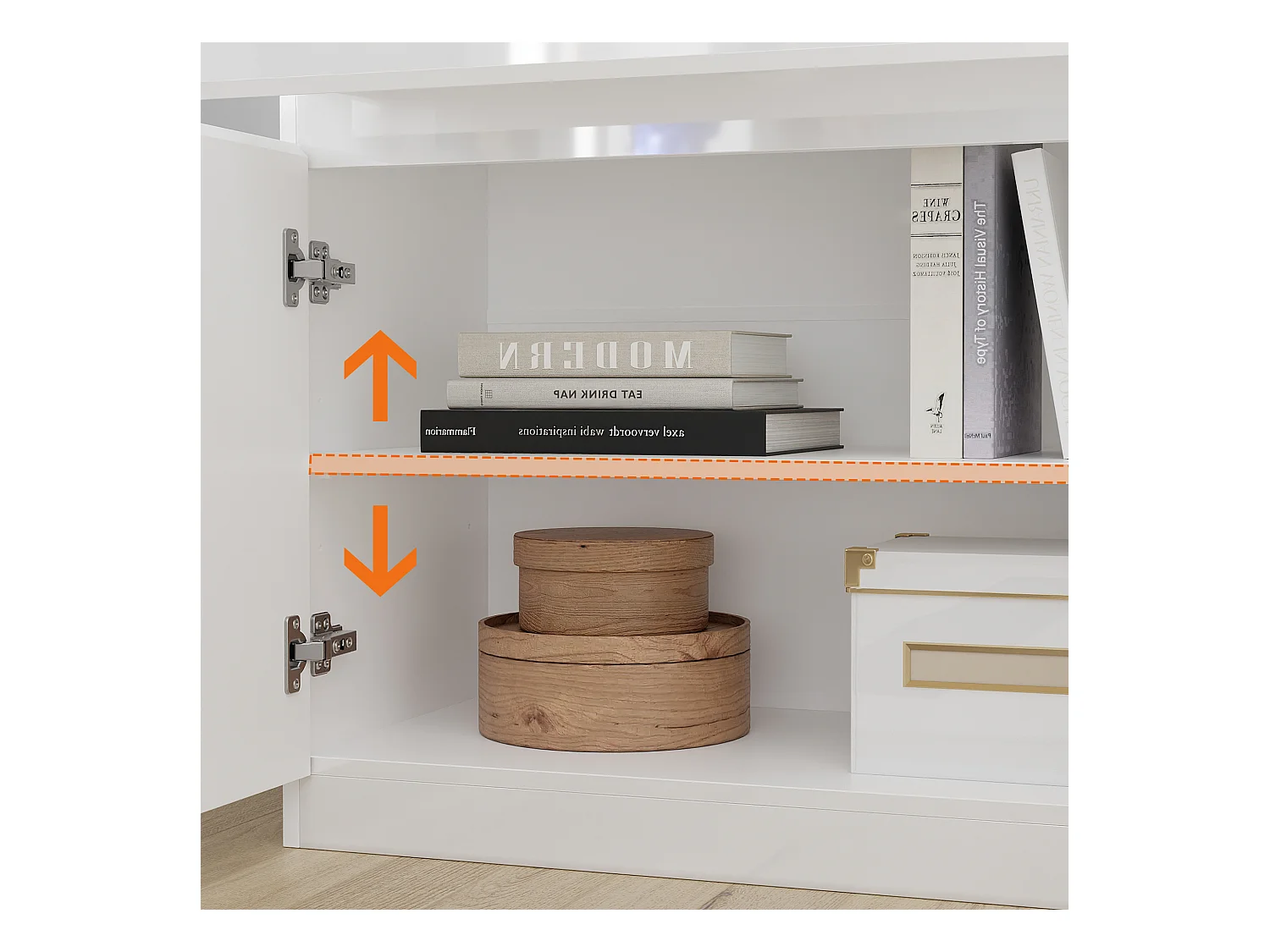 Grand Buffet de Salon avec 4 Portes et 2 Tiroirs, Rangement de Chambre sans Poignée, 155 x 40 x 83, Blanc Brillant