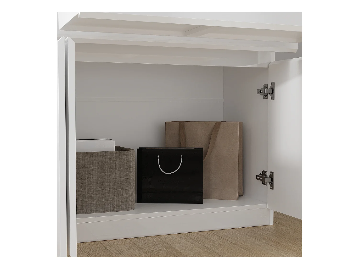 Grand Buffet de Salon avec 4 Portes et 2 Tiroirs, Rangement de Chambre sans Poignée, 155 x 40 x 83, Blanc Brillant