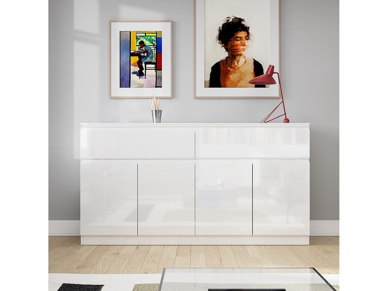 Grand Buffet de Salon avec 4 Portes et 2 Tiroirs, Rangement de Chambre sans Poignée, 155 x 40 x 83, Blanc Brillant