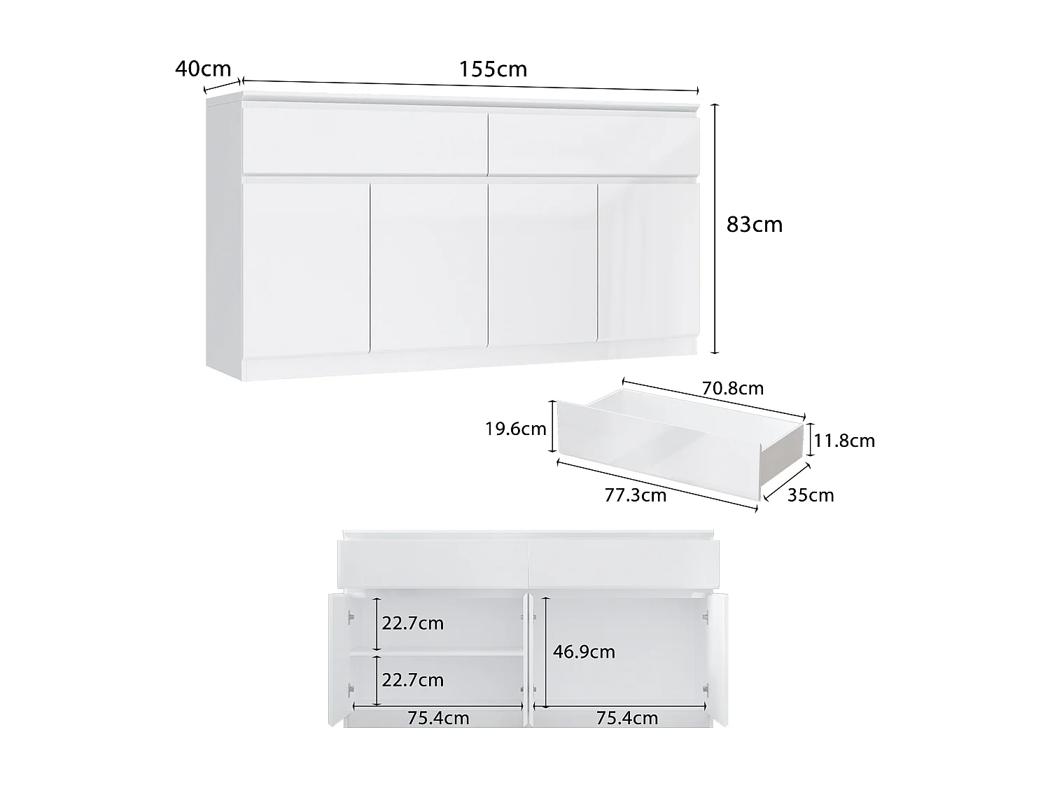 Grand Buffet de Salon avec 4 Portes et 2 Tiroirs, Rangement de Chambre sans Poignée, 155 x 40 x 83, Blanc Brillant