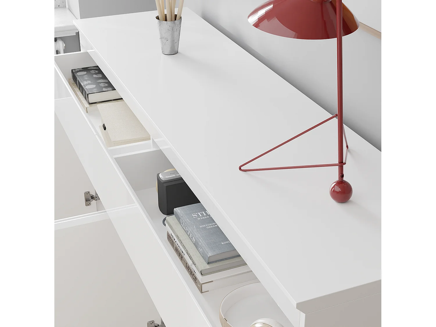 Grand Buffet de Salon avec 4 Portes et 2 Tiroirs, Rangement de Chambre sans Poignée, 155 x 40 x 83, Blanc Brillant