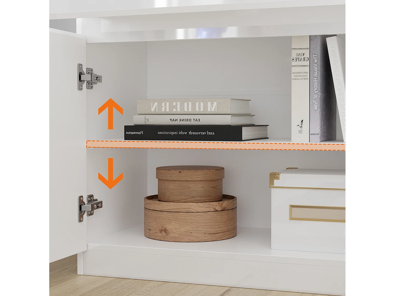 Grand Buffet de Salon avec 4 Portes et 2 Tiroirs, Rangement de Chambre sans Poignée, 155 x 40 x 83, Blanc Brillant