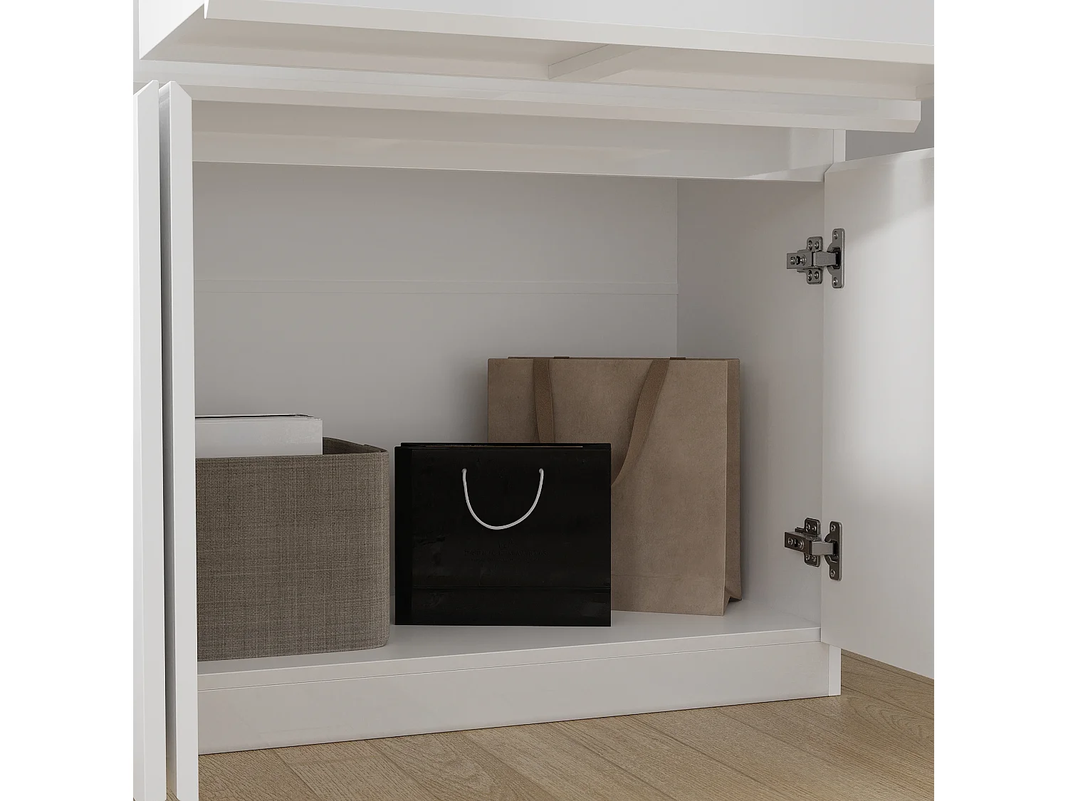 Grand Buffet de Salon avec 4 Portes et 2 Tiroirs, Rangement de Chambre sans Poignée, 155 x 40 x 83, Blanc Brillant