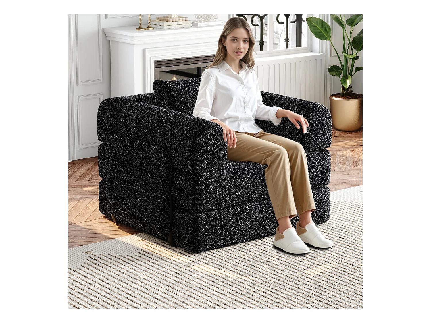 Chenille-Schlafsofa,2-in-1 Relaxsessel(Grau) mit Staufach in der Armlehne, drei Metallrahmen und mehreren Konfigurationsmöglichkeiten