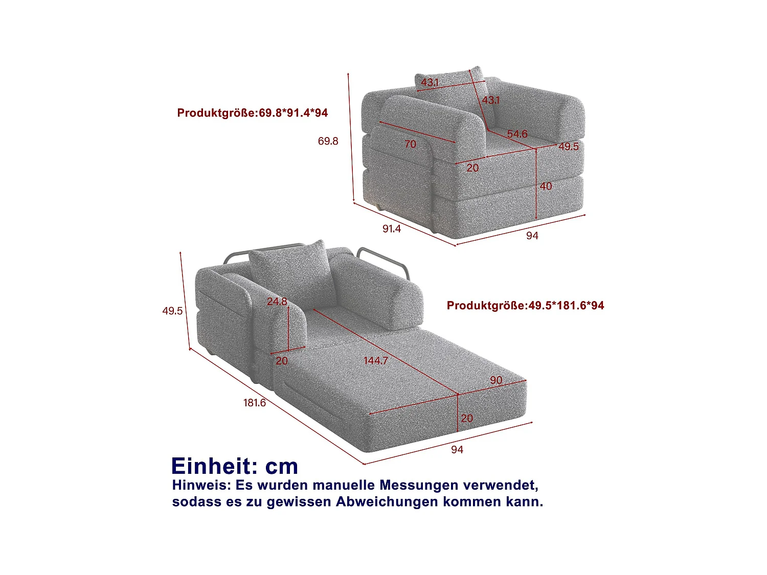 Chenille-Schlafsofa,2-in-1 Relaxsessel(Grau) mit Staufach in der Armlehne, drei Metallrahmen und mehreren Konfigurationsmöglichkeiten