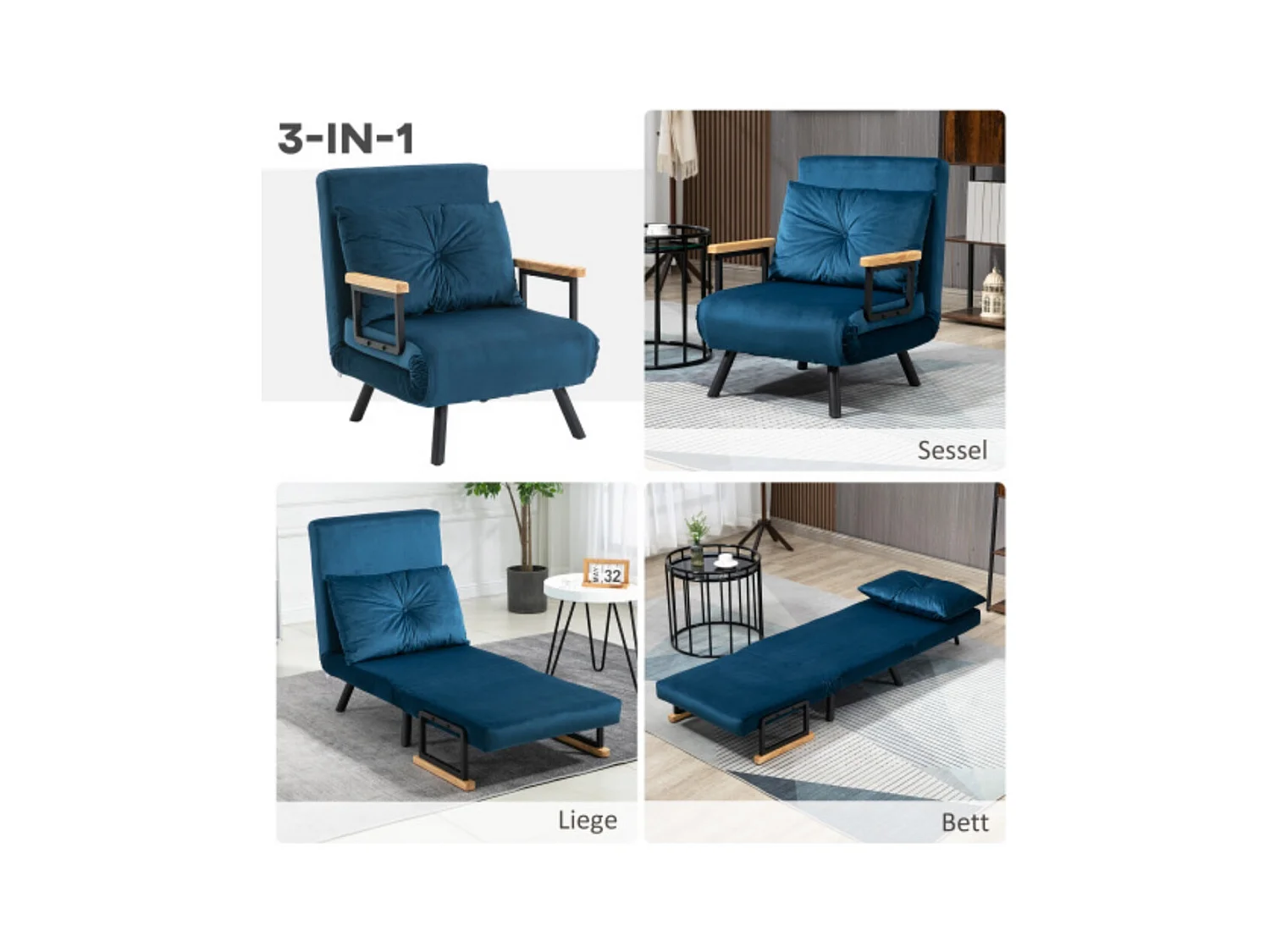 Schlafsofa, Relaxsessel Bettfunktion Gästebett Rückenkissen verstellbare Rückenlehne 63x73x81cm