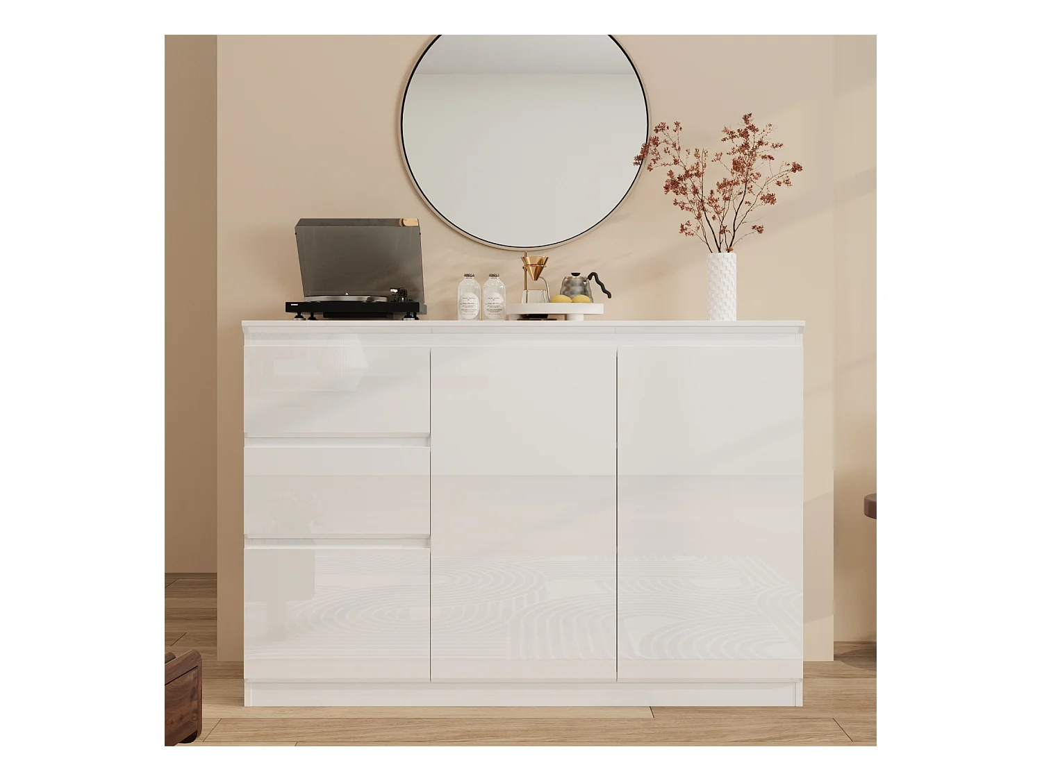 Buffet de Salon avec 2 Portes et 3 Tiroirs, Rangement de Chambre sans Poignée, 120 x 40 x 83, Blanc Brillant