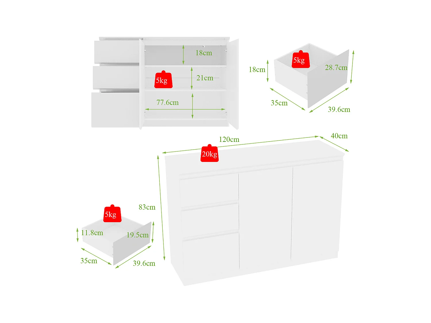 Buffet de Salon avec 2 Portes et 3 Tiroirs, Rangement de Chambre sans Poignée, 120 x 40 x 83, Blanc Brillant