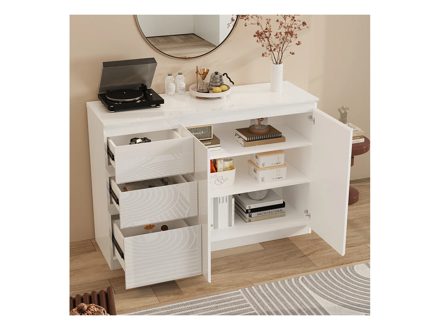 Buffet de Salon avec 2 Portes et 3 Tiroirs, Rangement de Chambre sans Poignée, 120 x 40 x 83, Blanc Brillant