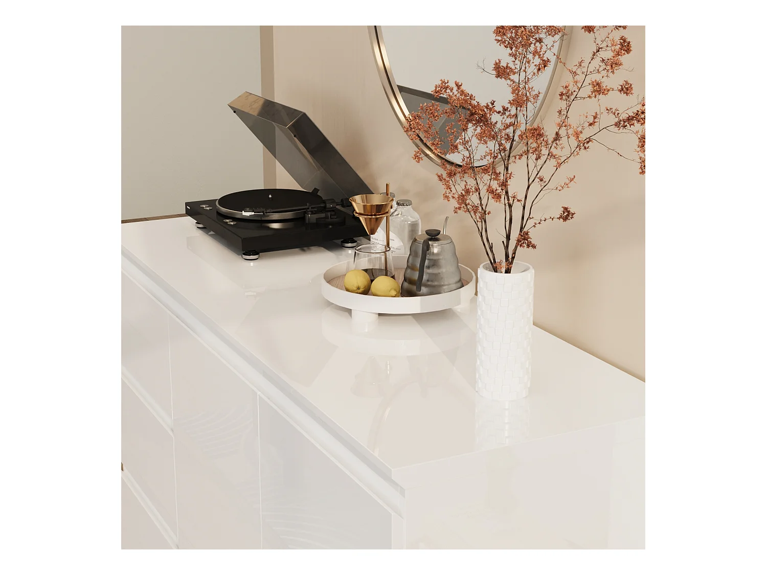 Buffet de Salon avec 2 Portes et 3 Tiroirs, Rangement de Chambre sans Poignée, 120 x 40 x 83, Blanc Brillant