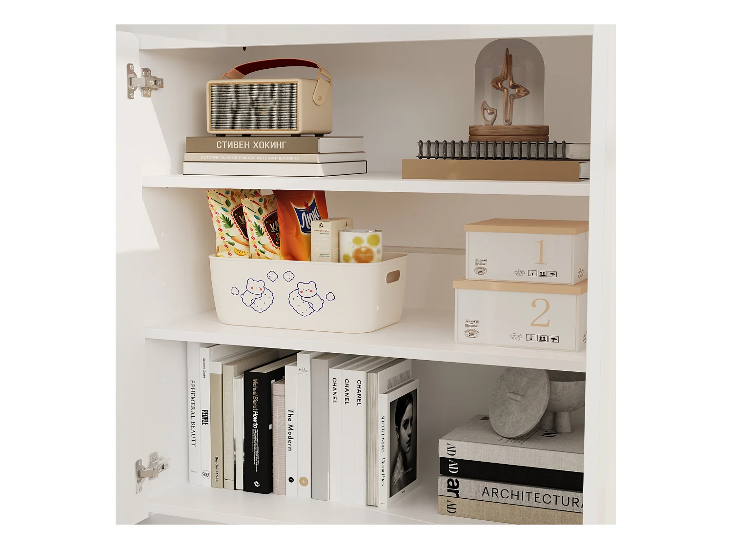 Buffet de Salon avec 2 Portes et 3 Tiroirs, Rangement de Chambre sans Poignée, 120 x 40 x 83, Blanc Brillant