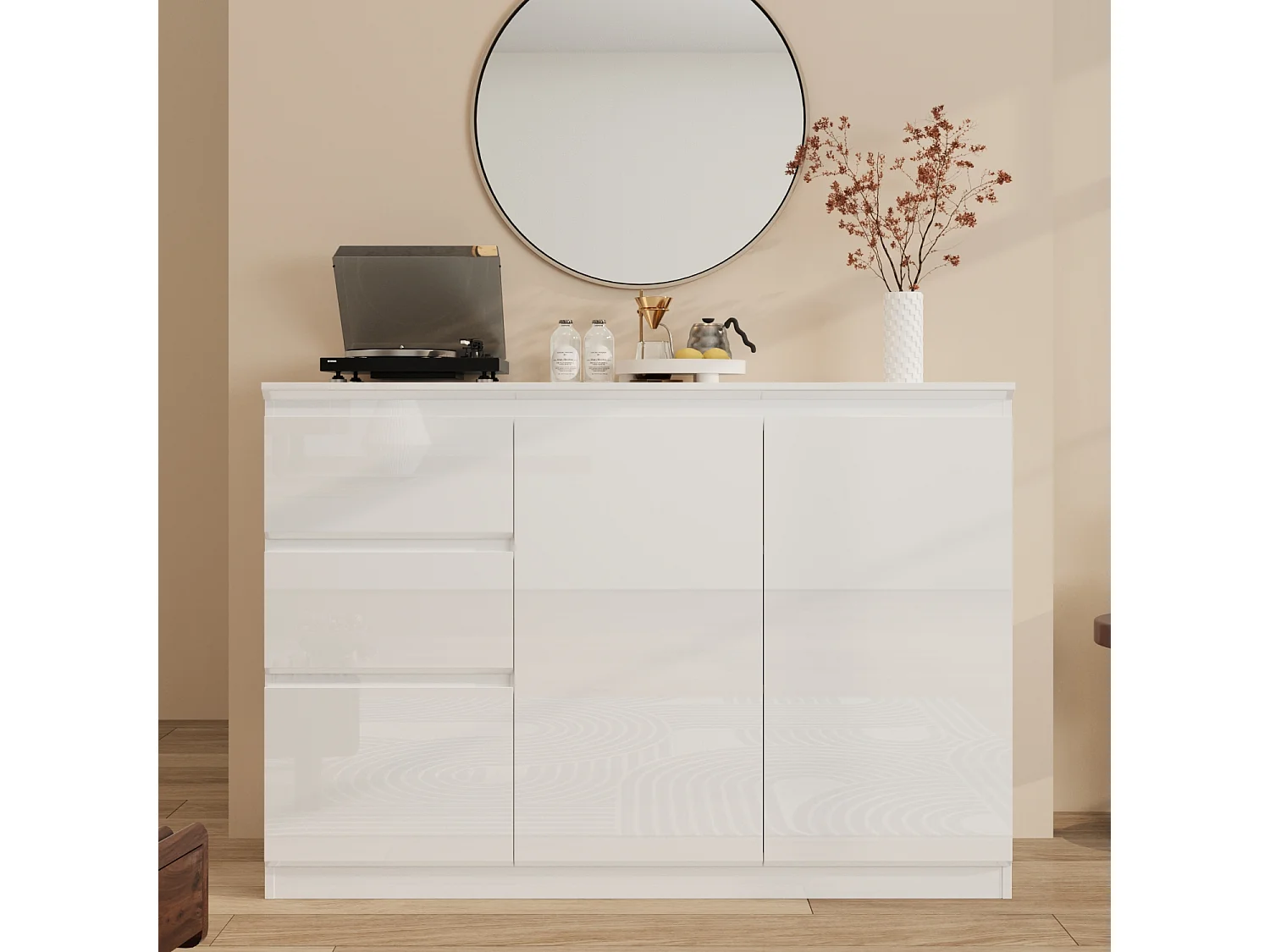 Buffet de Salon avec 2 Portes et 3 Tiroirs, Rangement de Chambre sans Poignée, 120 x 40 x 83, Blanc Brillant