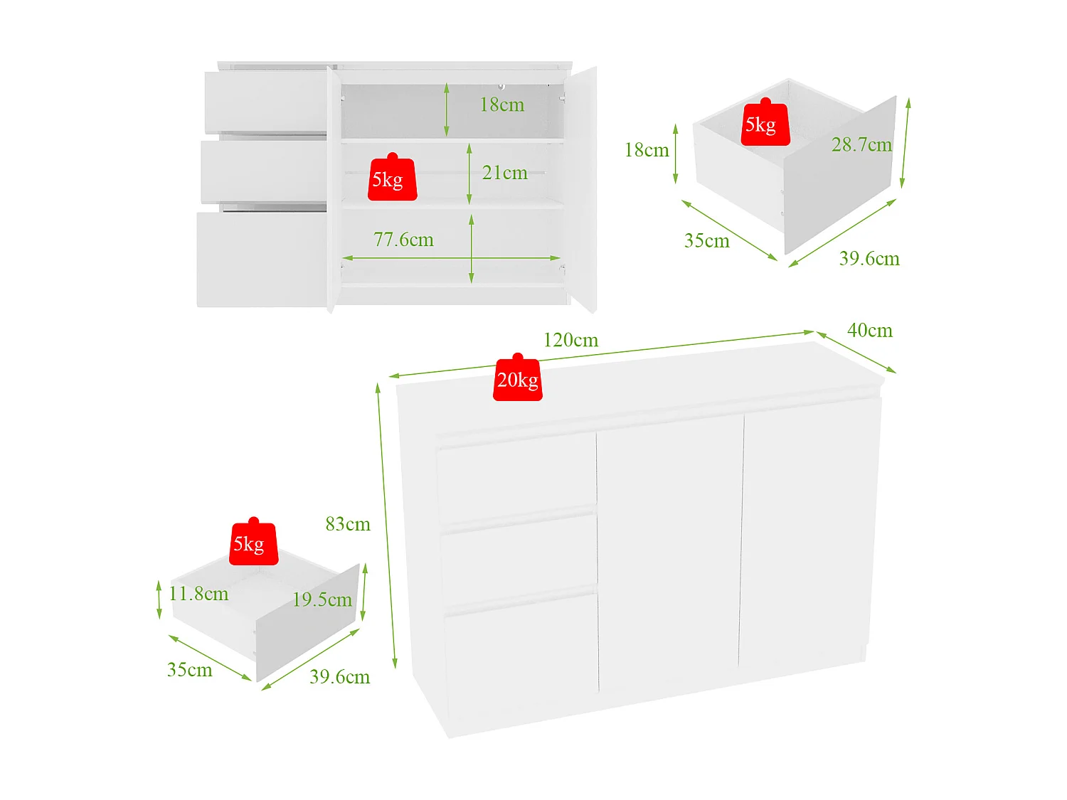 Buffet de Salon avec 2 Portes et 3 Tiroirs, Rangement de Chambre sans Poignée, 120 x 40 x 83, Blanc Brillant