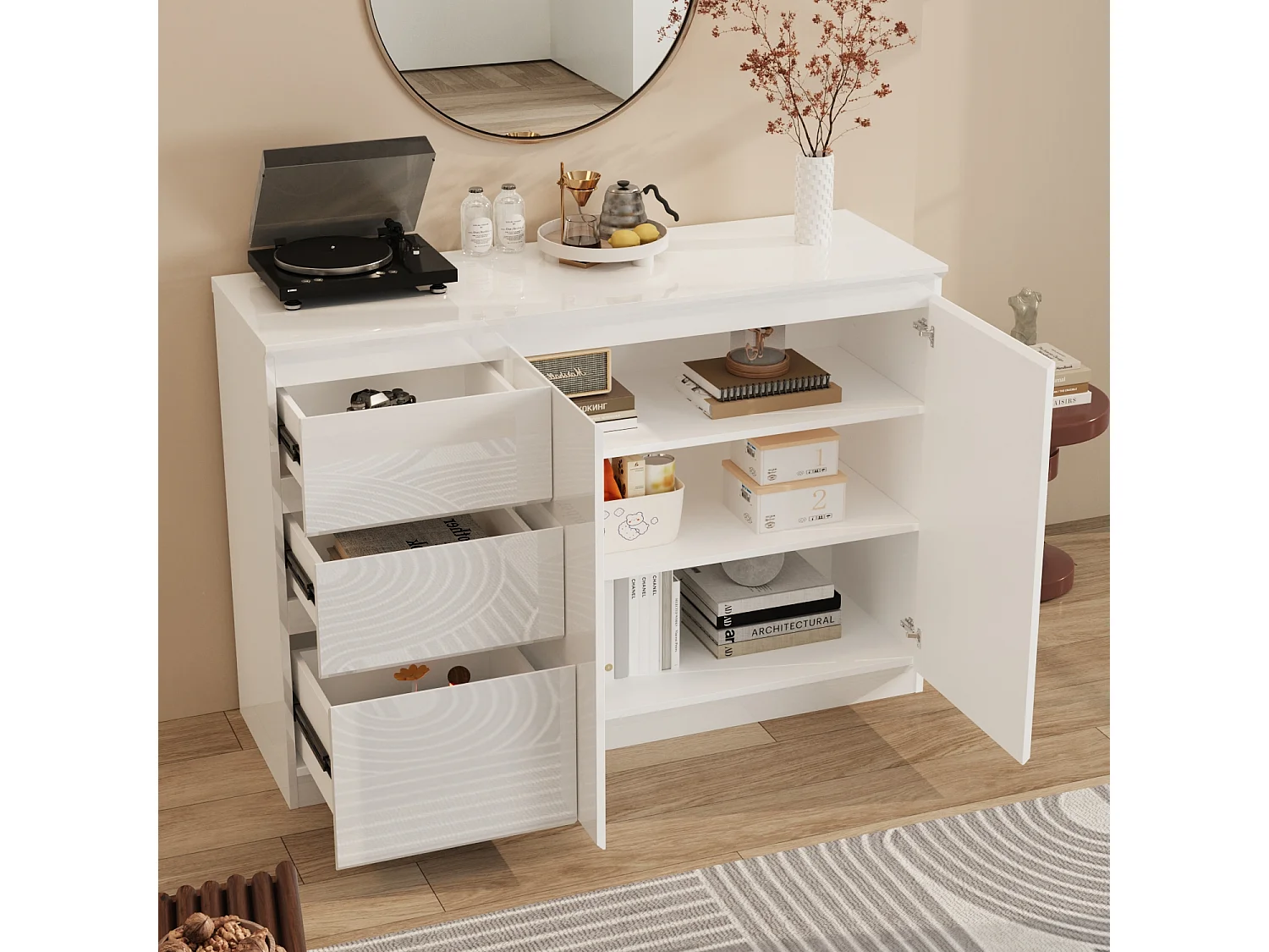 Buffet de Salon avec 2 Portes et 3 Tiroirs, Rangement de Chambre sans Poignée, 120 x 40 x 83, Blanc Brillant