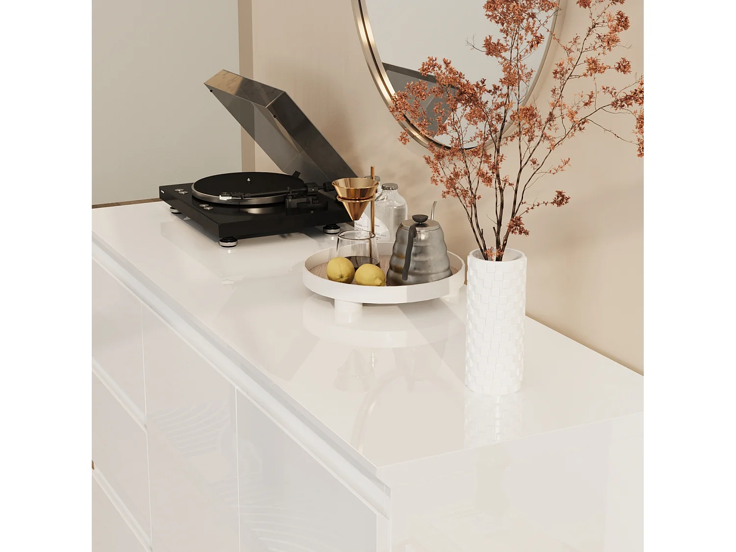 Buffet de Salon avec 2 Portes et 3 Tiroirs, Rangement de Chambre sans Poignée, 120 x 40 x 83, Blanc Brillant