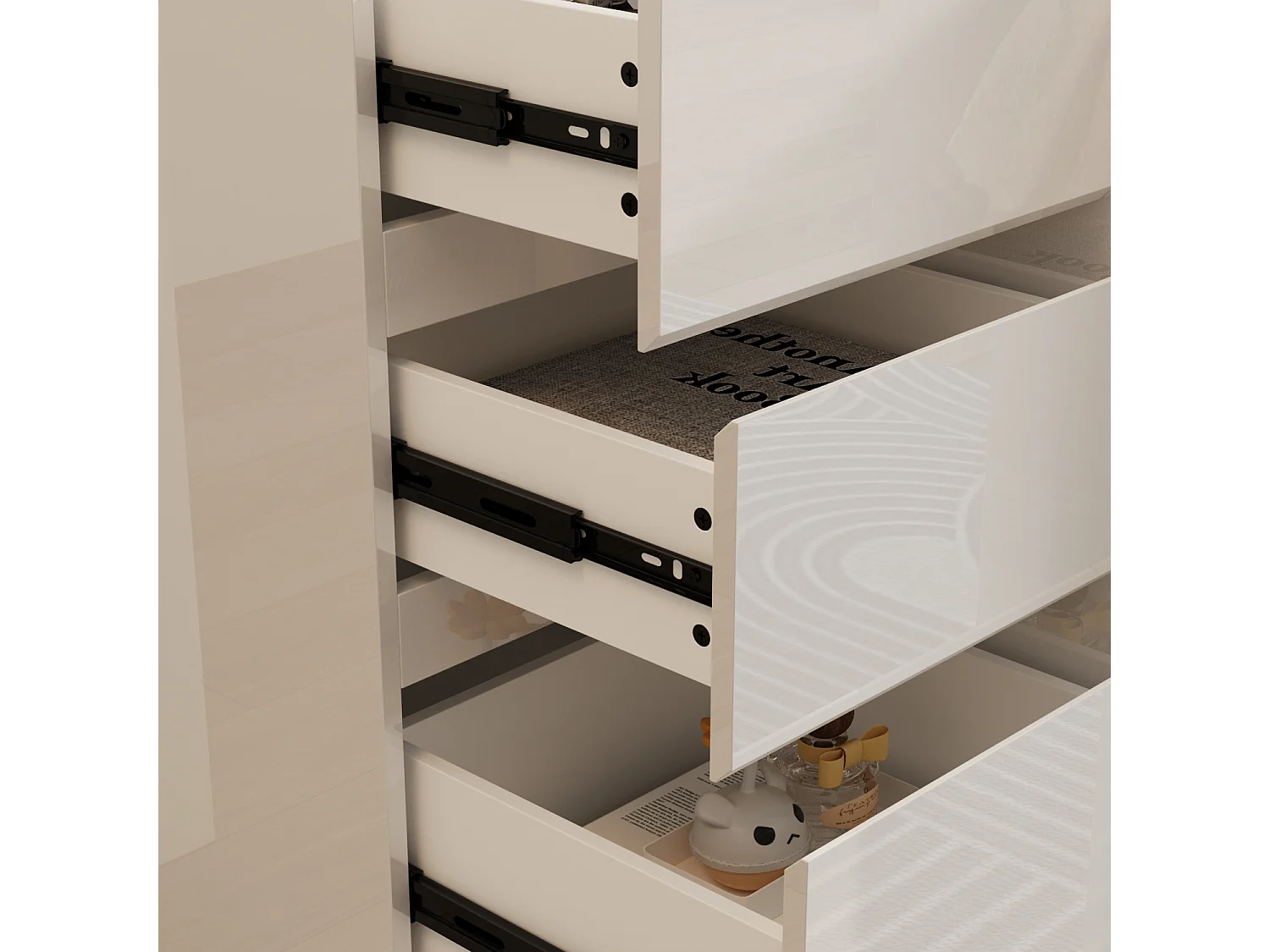 Buffet de Salon avec 2 Portes et 3 Tiroirs, Rangement de Chambre sans Poignée, 120 x 40 x 83, Blanc Brillant