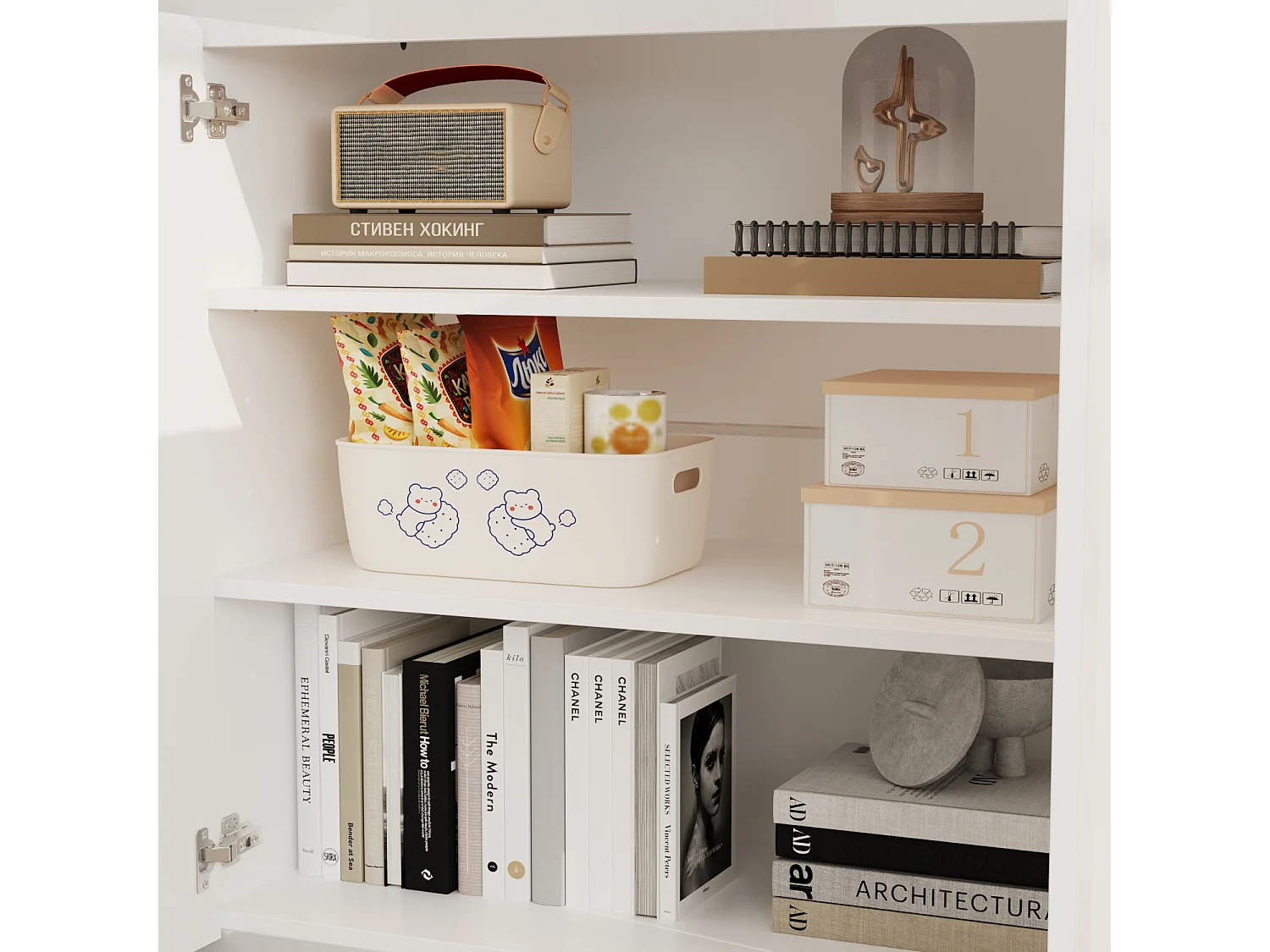 Buffet de Salon avec 2 Portes et 3 Tiroirs, Rangement de Chambre sans Poignée, 120 x 40 x 83, Blanc Brillant