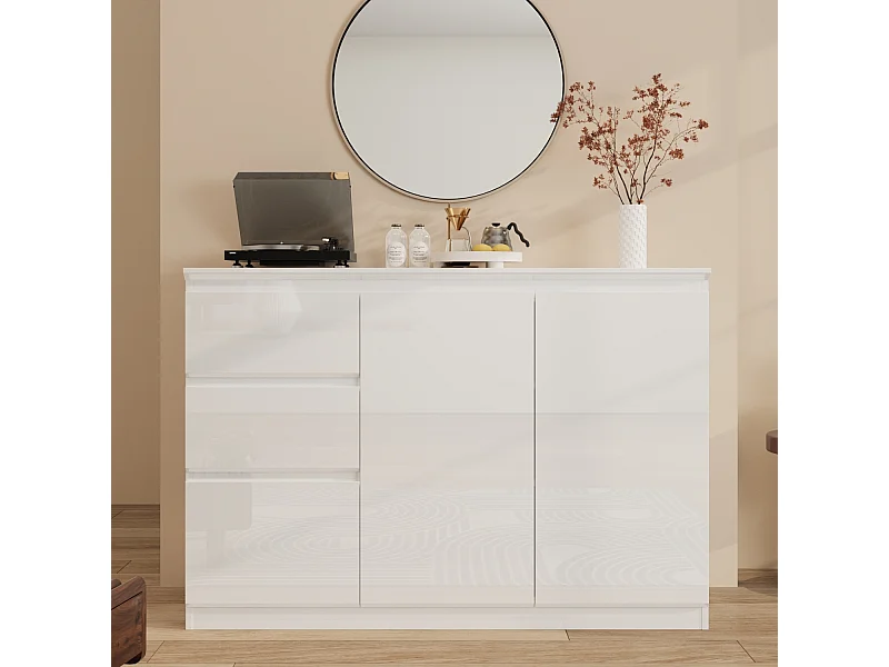 Buffet de Salon avec 2 Portes et 3 Tiroirs, Rangement de Chambre sans Poignée, 120 x 40 x 83, Blanc Brillant