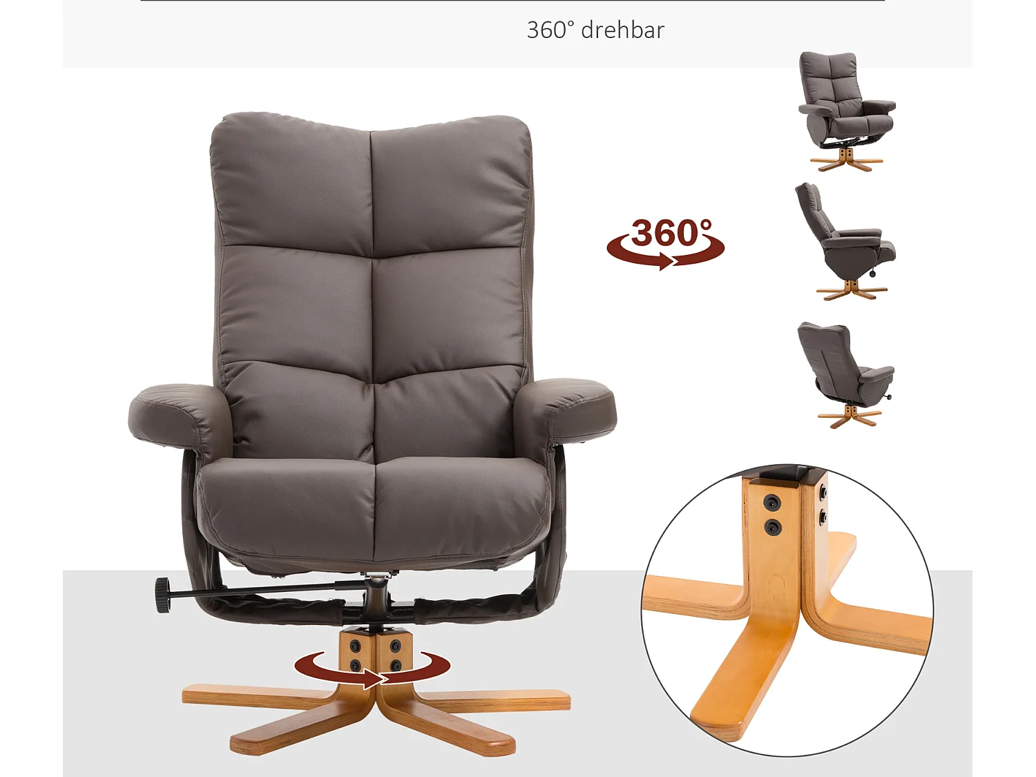 Relaxsessel mit Hocker, 360°drehbarer Fernsehsessel mit Liegefunktion Lesesessel für Schlafzimmer, Wohnzimmer