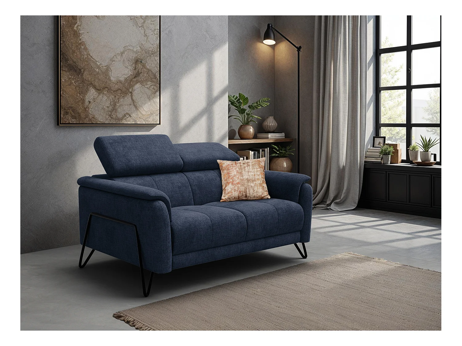 Canapé 2 places RODEN, tissu bleu marine