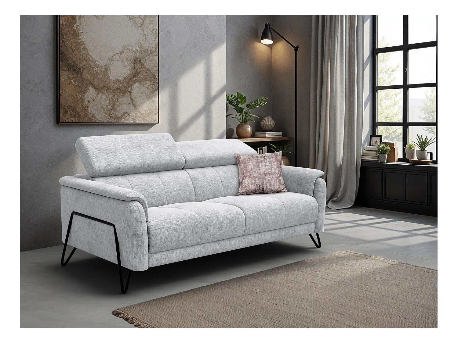 Canapé 3 places RODEN, tissu gris clair