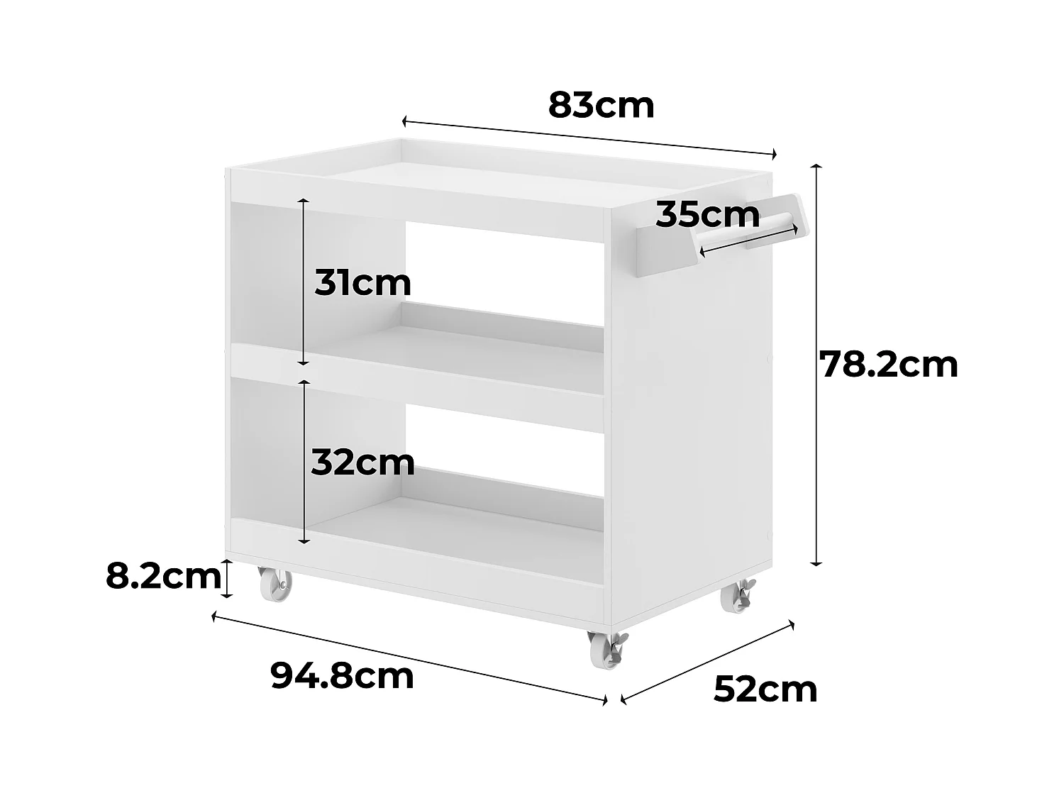 Desserte de Cuisine avec 3 Compartiments Ouverts, Meuble de Salle à Manger à Roulettes, 52 x 83 x 70 cm, Blanc