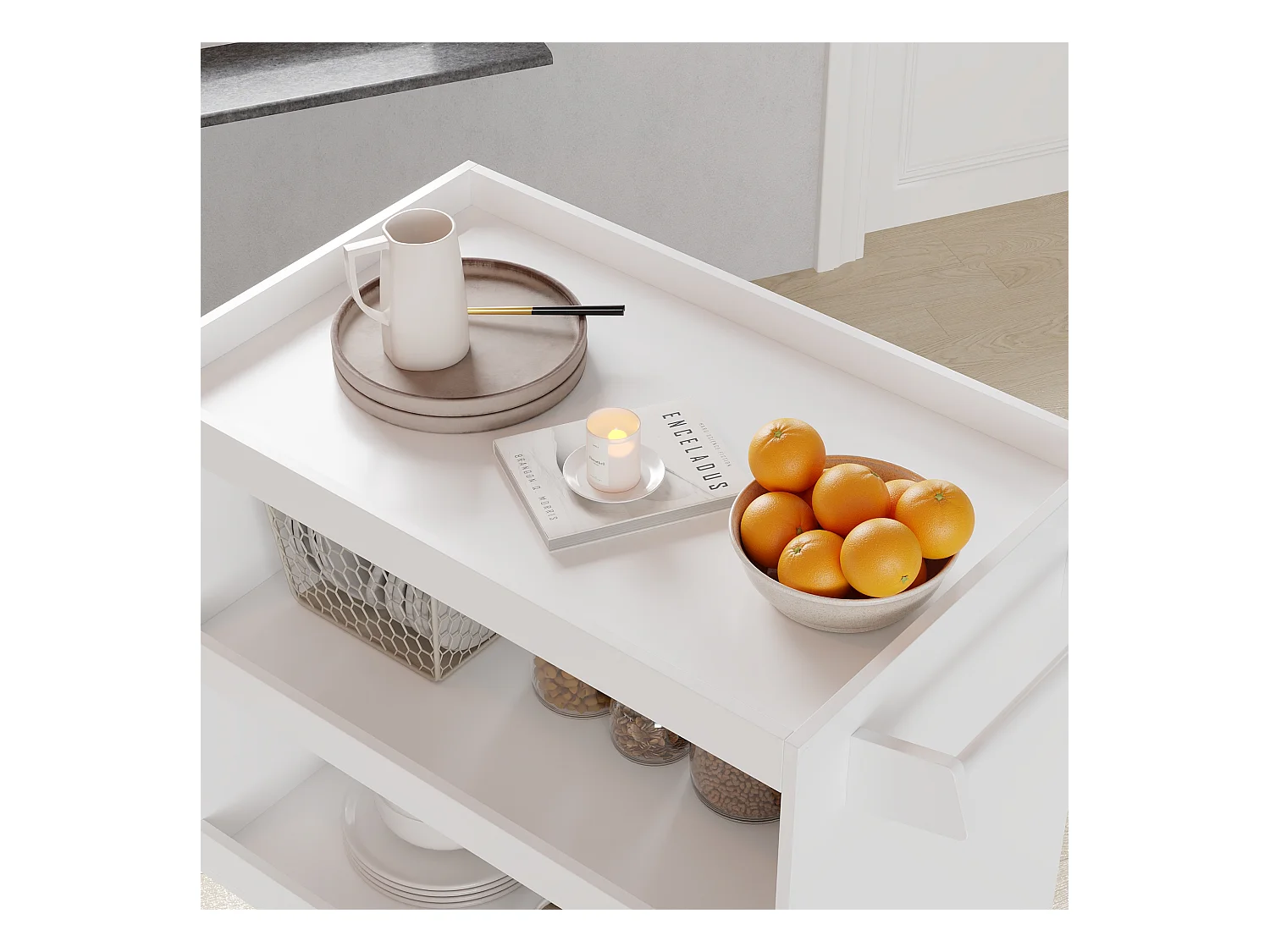 Desserte de Cuisine avec 3 Compartiments Ouverts, Meuble de Salle à Manger à Roulettes, 52 x 83 x 70 cm, Blanc