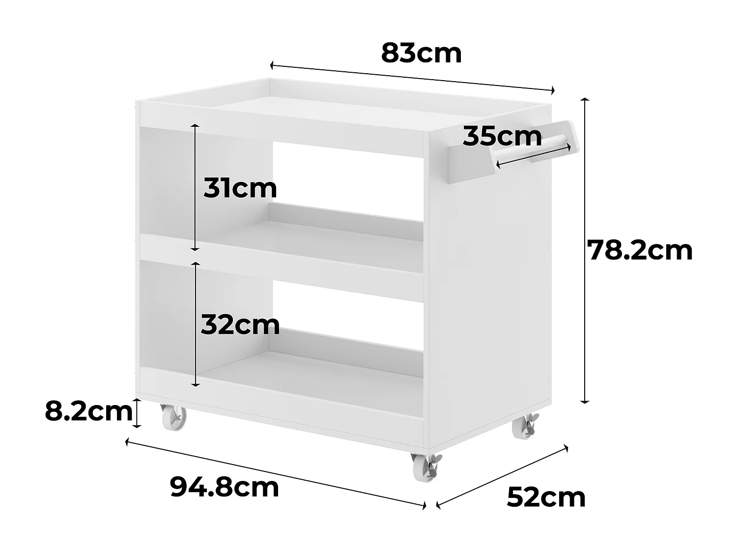 Desserte de Cuisine avec 3 Compartiments Ouverts, Meuble de Salle à Manger à Roulettes, 52 x 83 x 70 cm, Blanc