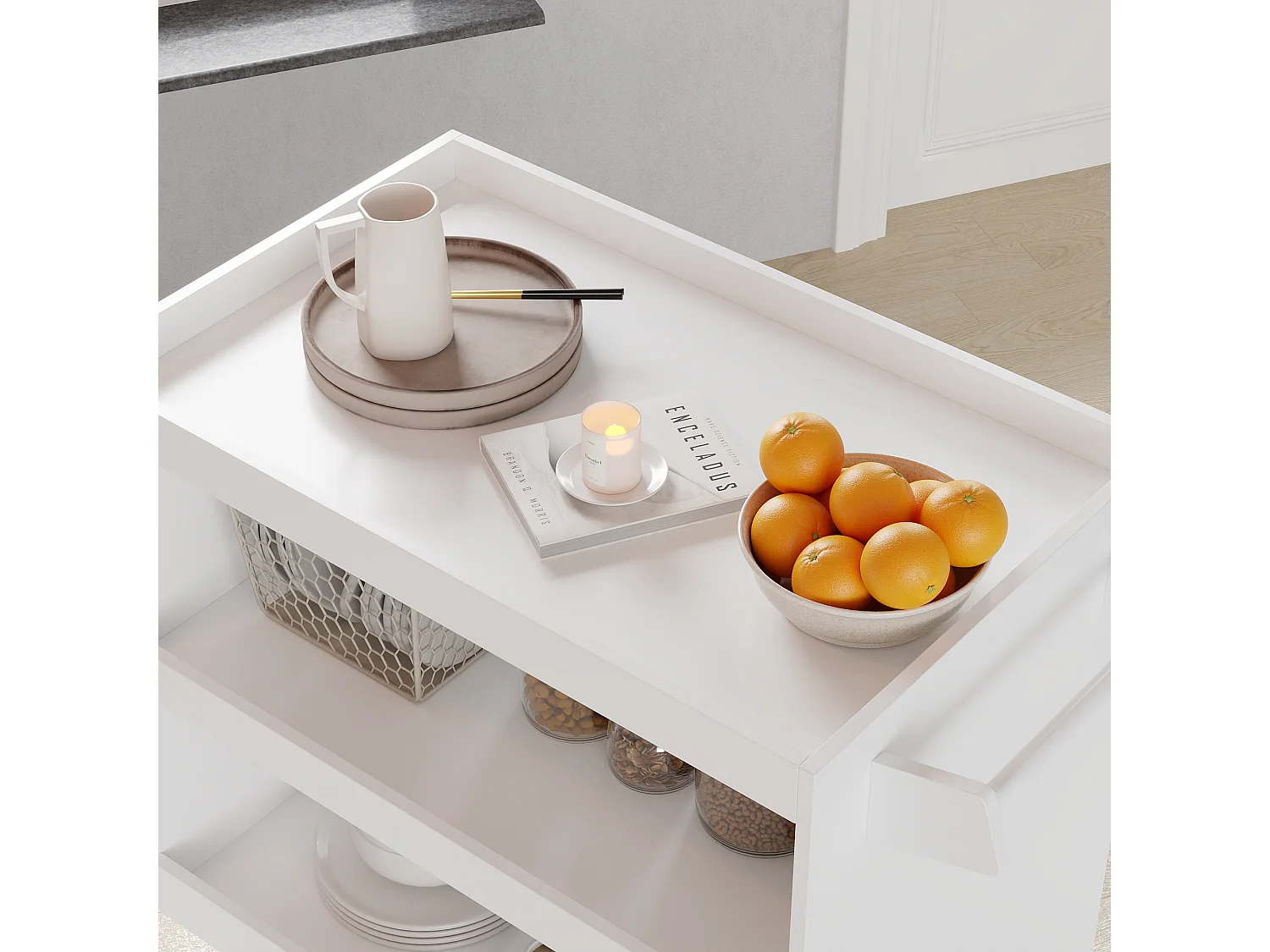 Desserte de Cuisine avec 3 Compartiments Ouverts, Meuble de Salle à Manger à Roulettes, 52 x 83 x 70 cm, Blanc