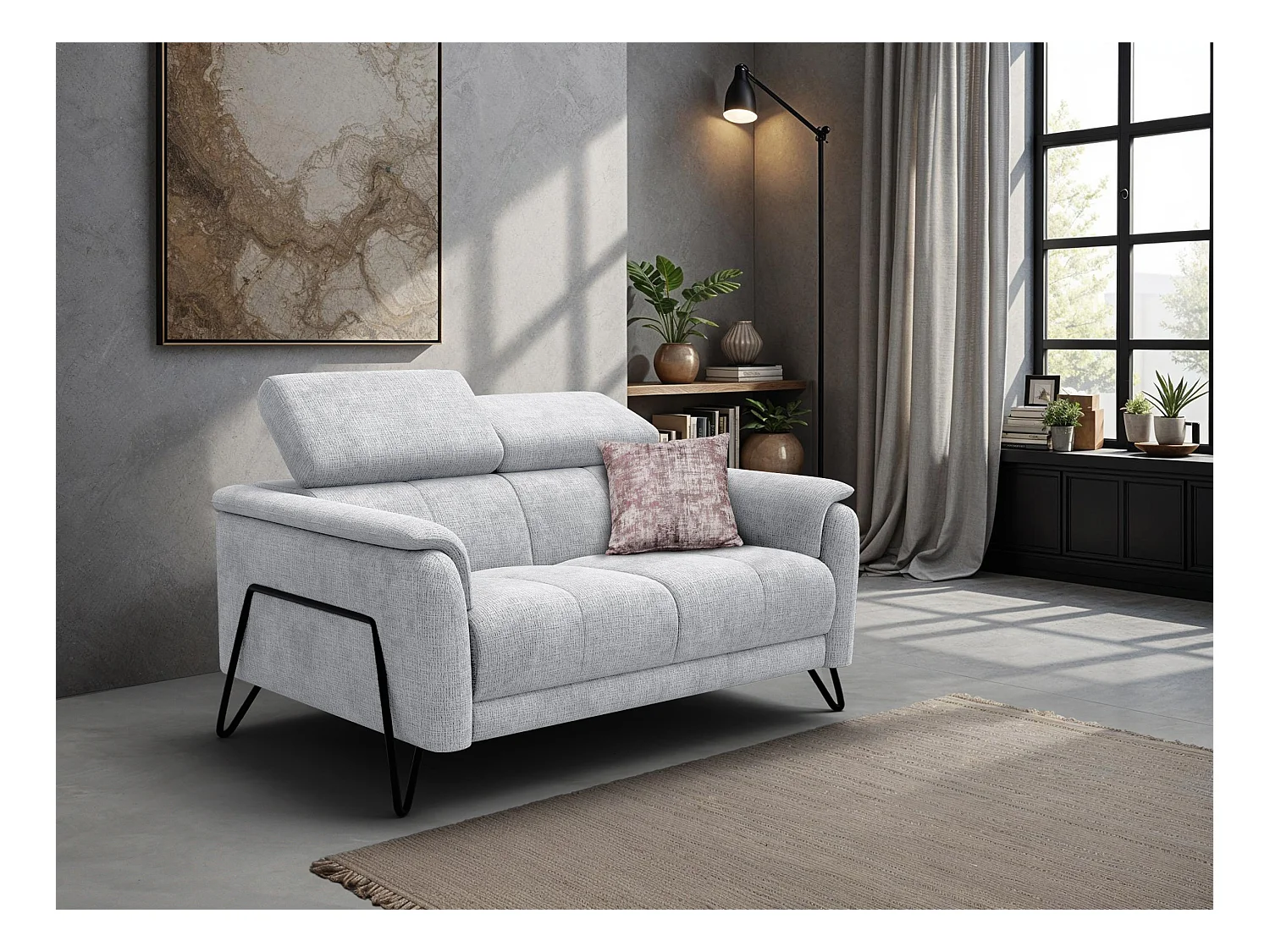 Canapé 2 places RODEN, tissu gris clair