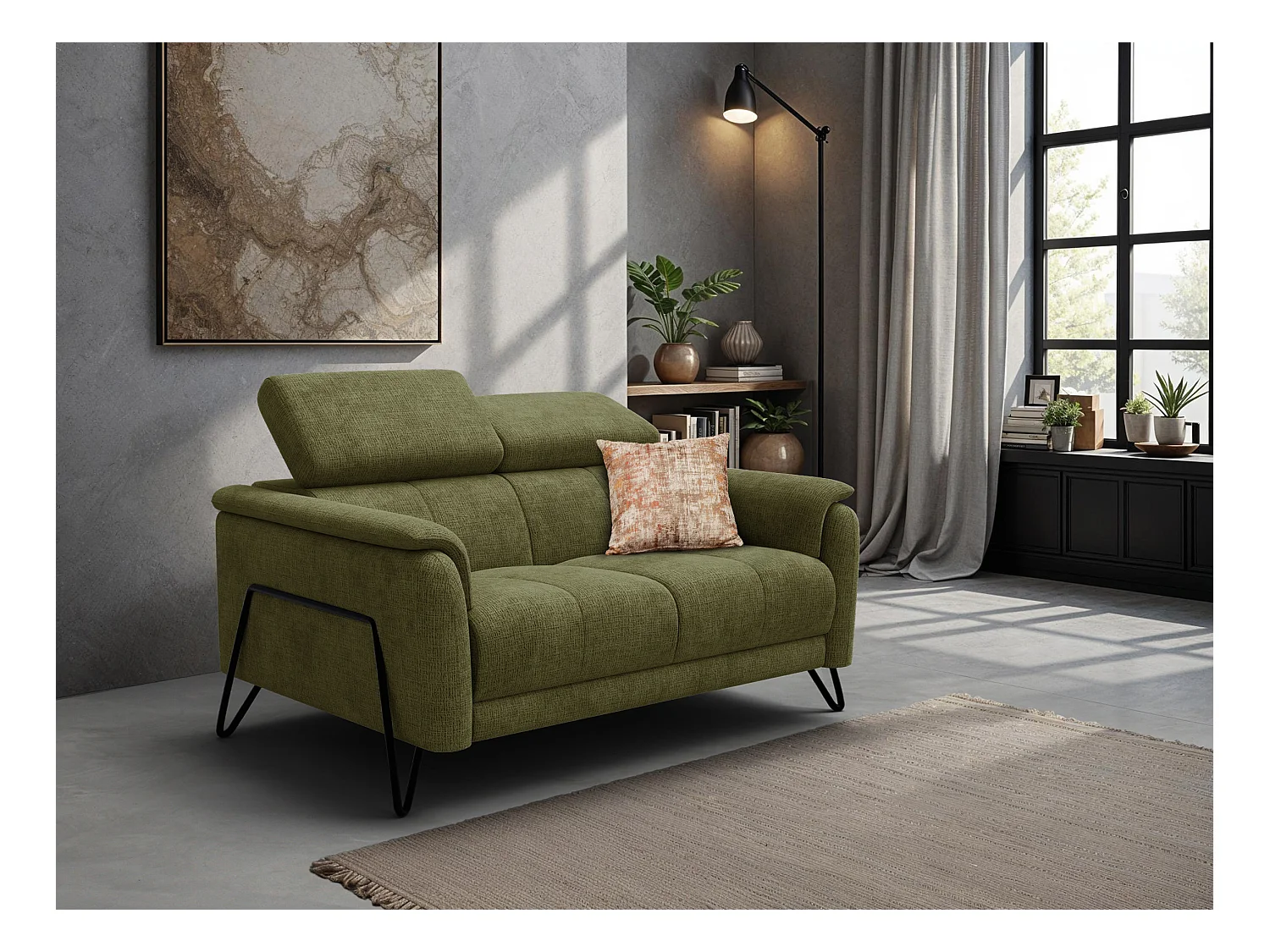 Canapé 2 places RODEN, tissu olive