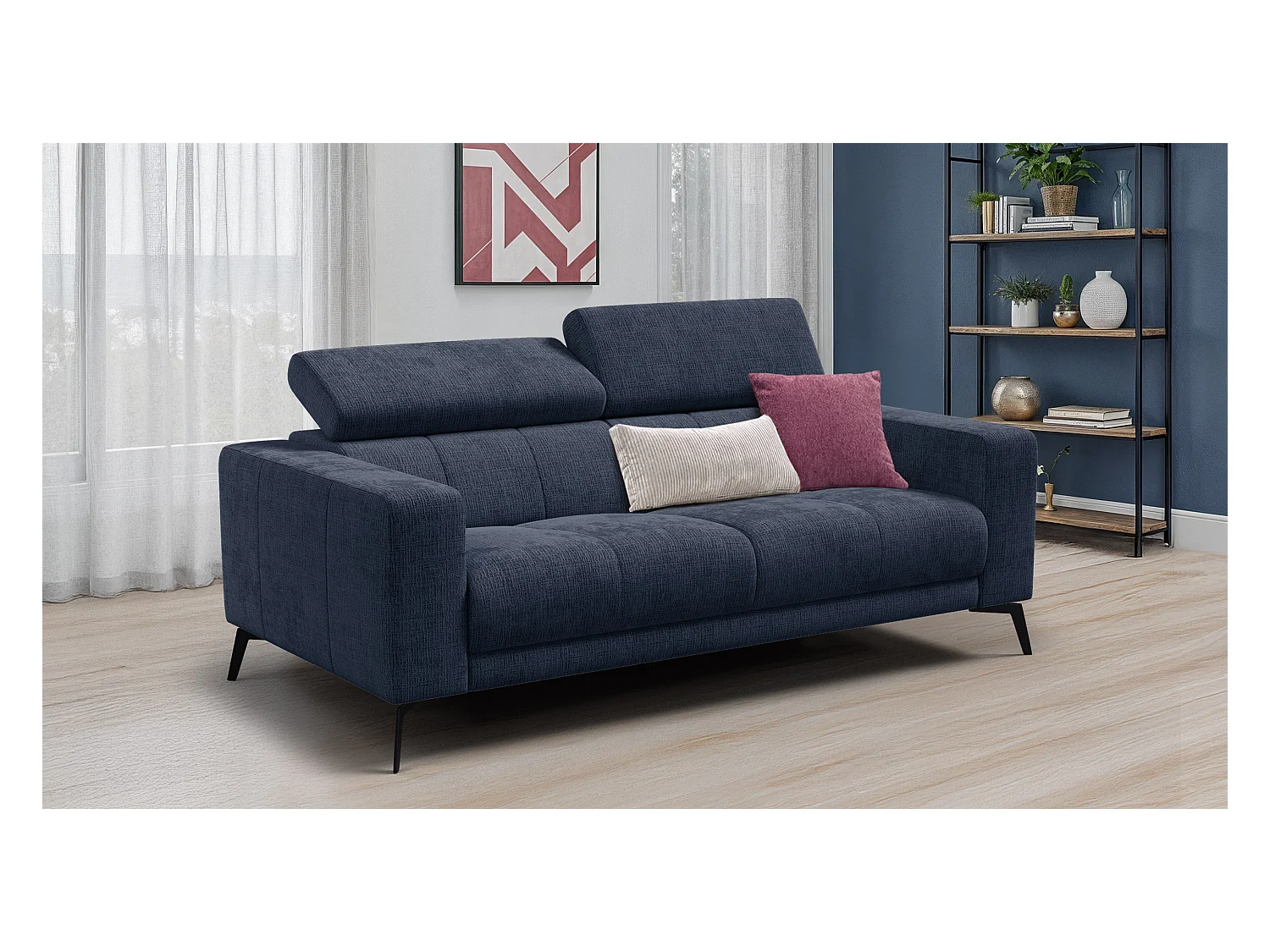 Canapé 3 places MORELLO, tissu bleu marine