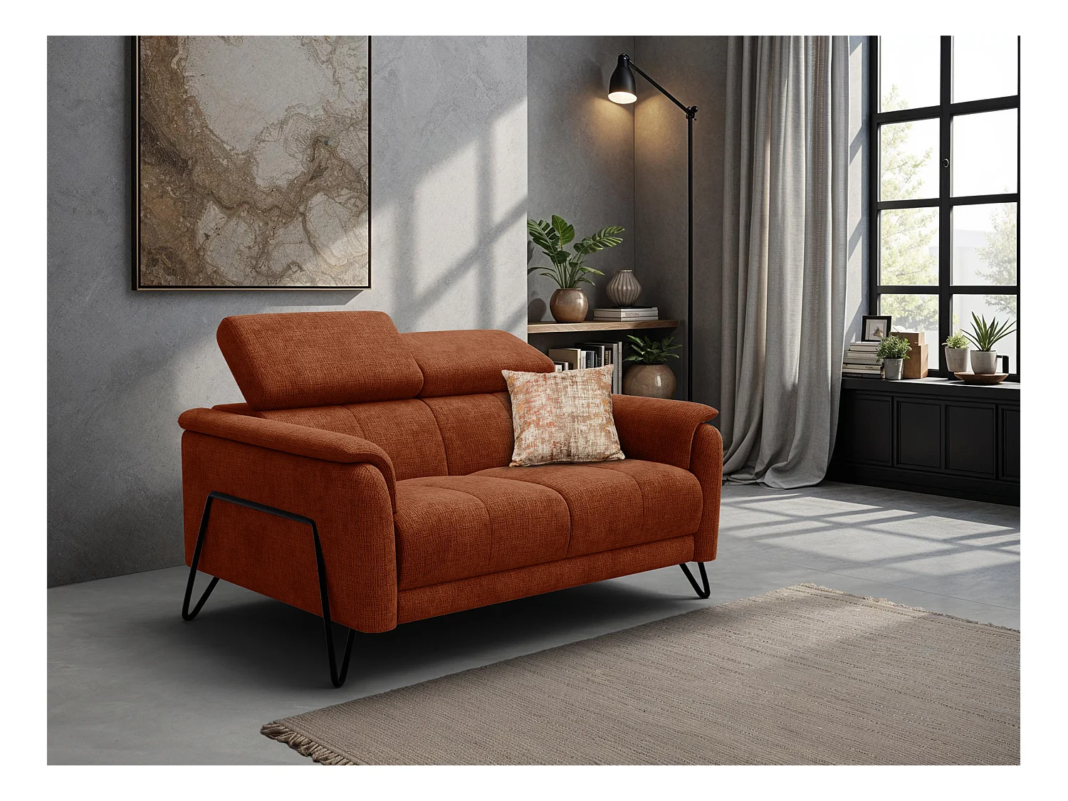 Canapé 2 places RODEN, tissu orange foncé